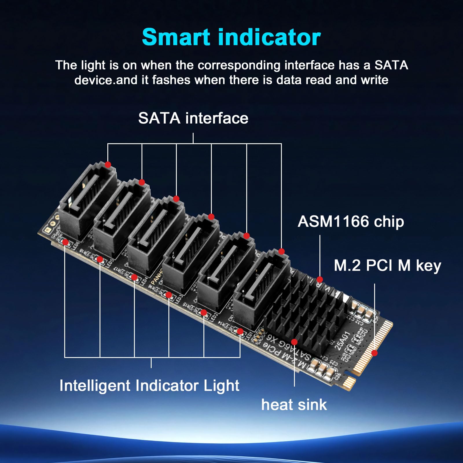Scheda Exaio da M.2 a SATA3.0, controller PCIe SATA 3.0 a 6 porte per chip ASM1166, scheda adattatore PCIE3.0 X2 16G, supporto SATA3.0 6G X 6, dispositivo SATA 6