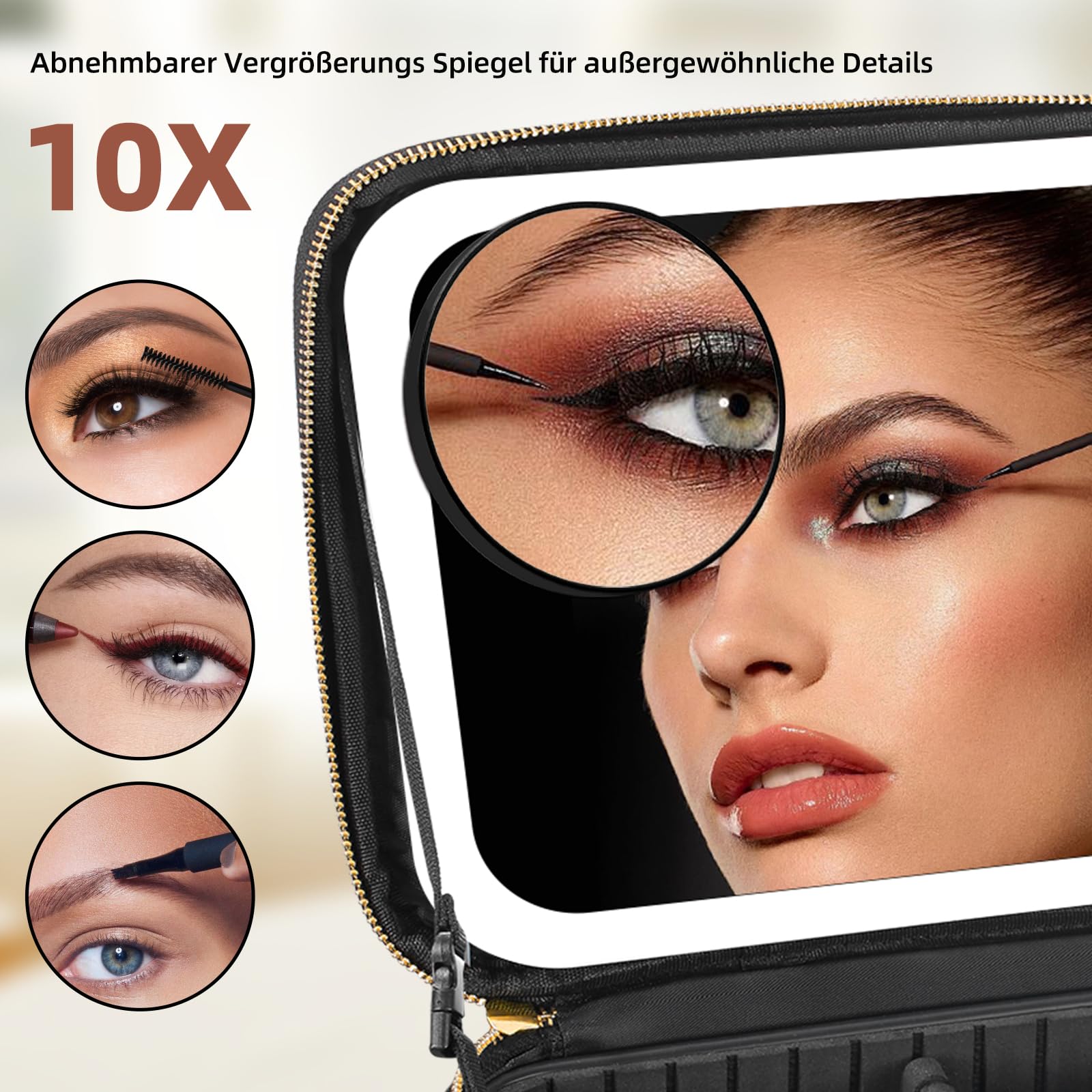 Reisekosmetiktasche mit beleuchtetem Spiegel, 3 Farbmodi dimmbaren Lichtspiegel, wasserdichte PU Leder Make up Organizer Tasche