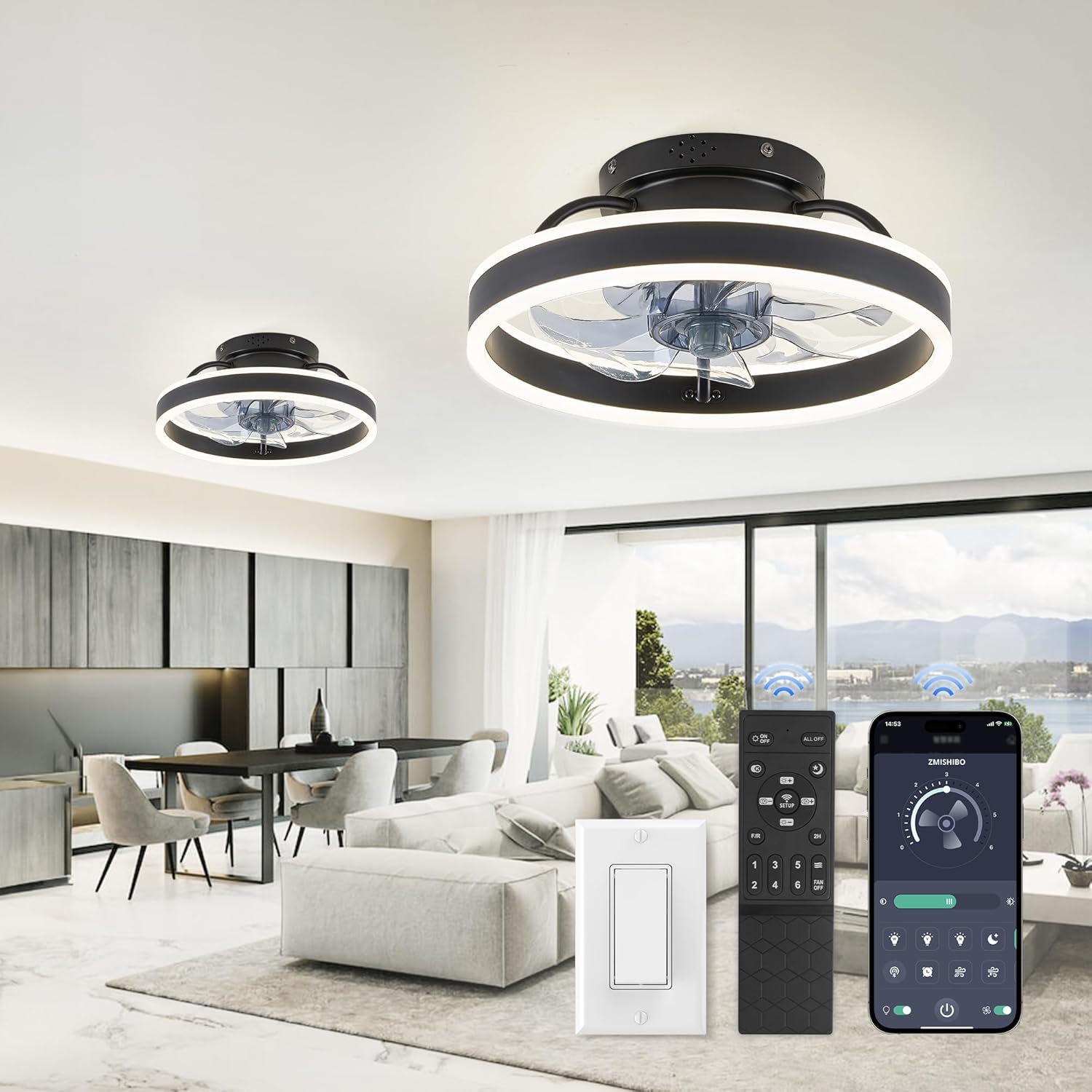 2 Pack Low Profile Ceiling Fans with Lights and Remote, Modern Flush Mount Ceiling Fan, Dimmable LED Small Fan Light, 13 Inch Fandelier Ceiling Fan with Light for Bedroom, Black