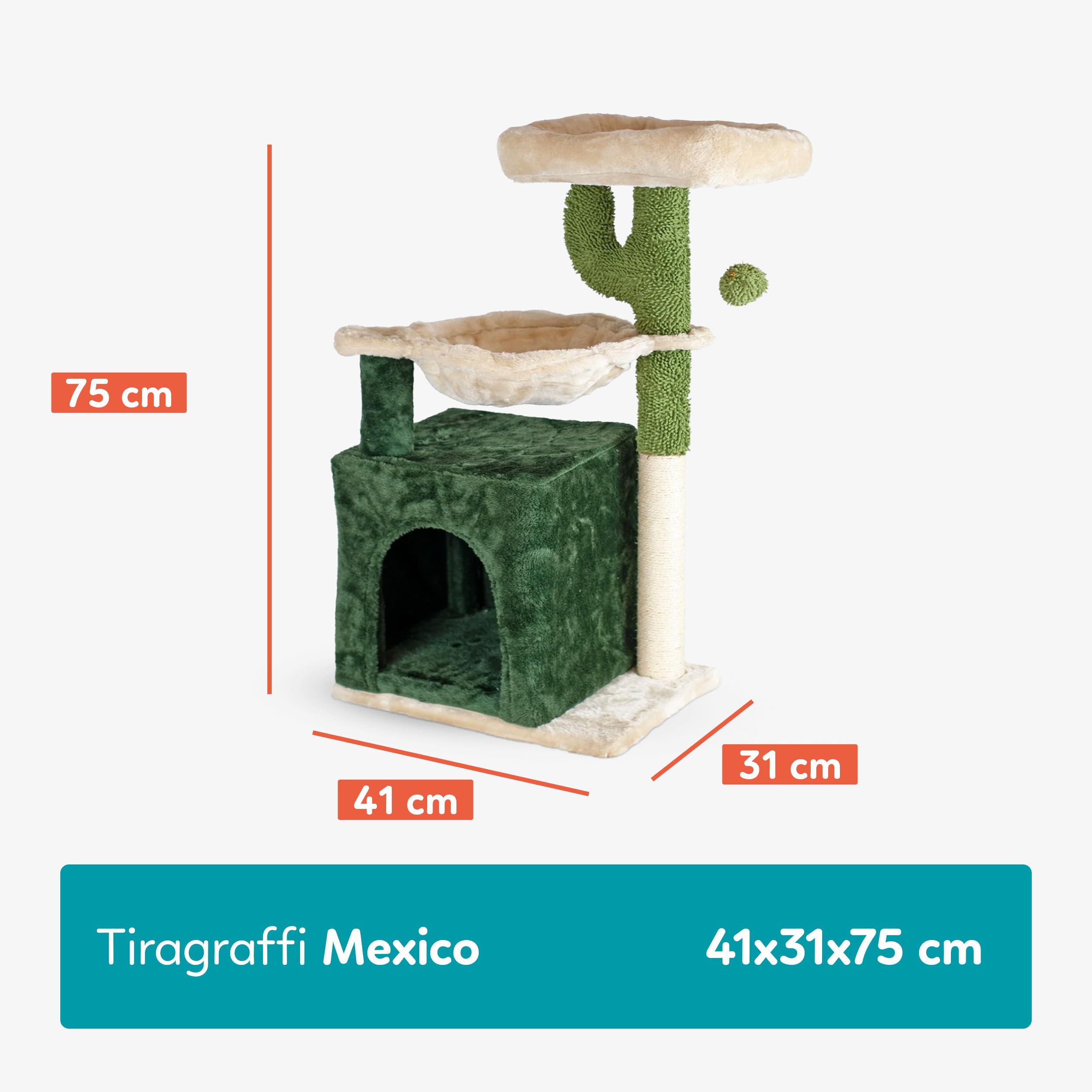 Aqpet Tiragraffi con Cuccia e Amaca in Sisal e tessuto, Alto 75 cm per il massimo divertimento del tuo gatto, Colore Beige/Verde
