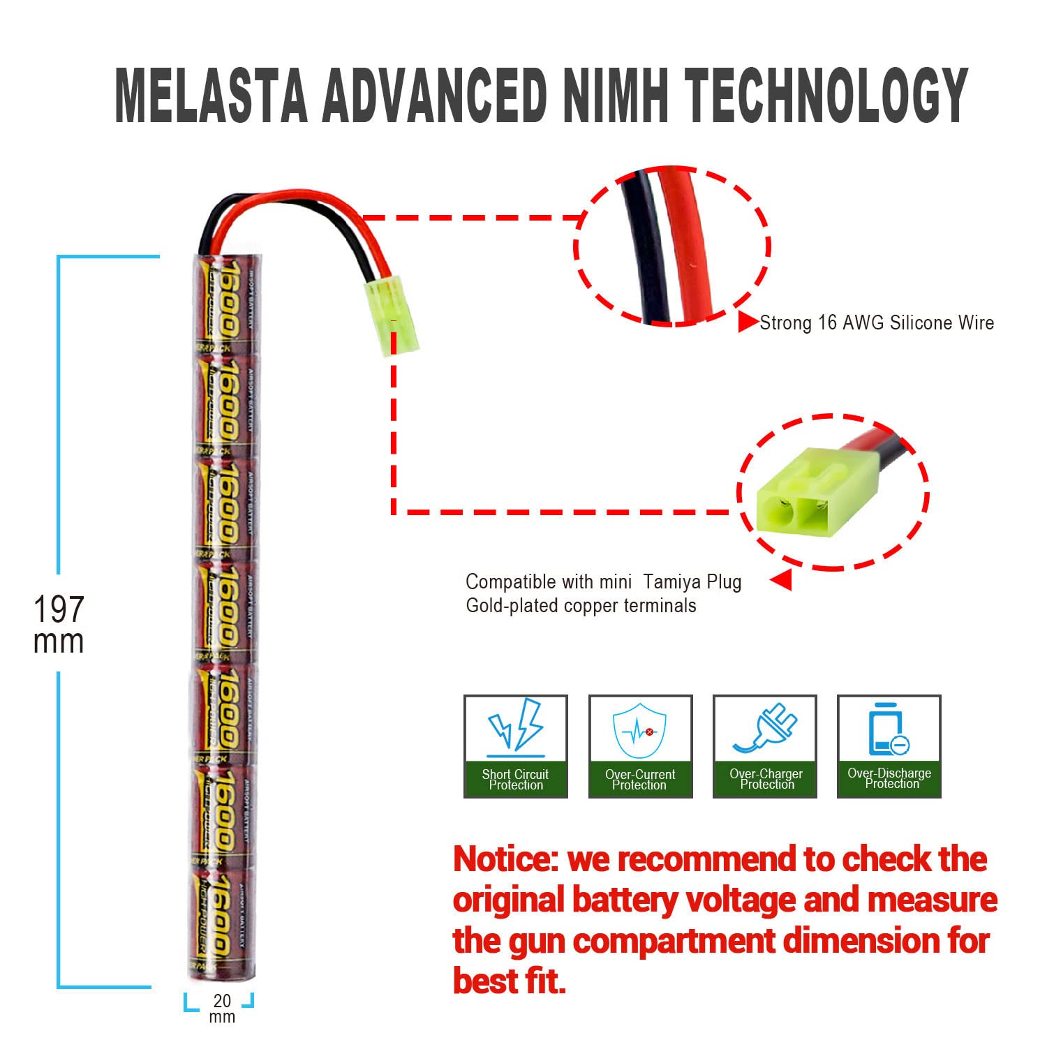 melasta 8.4V 1600mAh NiMH Airsoft Batteria con Mini Tamiya Connettore, Batteria ad Alte Prestazioni per AK47 MP5K RPK PKM, CYMA CM.028U ERICS13, SIG Fucile Carabina ad Aria Compressa Airsoft, 2 Pezzi