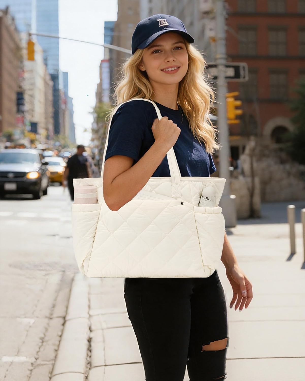 Micmores Puffer Tote Bag for Women, Lightweight Puffy Work Handbag with Laptop Compartment & Water Bottle Pocket - Image 2