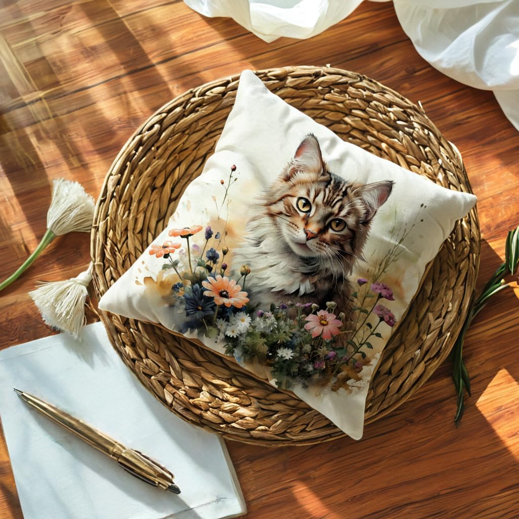 Cat Decorative Throw Pillow Cover with Floral Farmhouse Decor Pillow Cases for Sofa Couch Porch Patio Spring Summer Cushion Covers,18 x 18 inches (Brown/Orange, 18×18) image 4