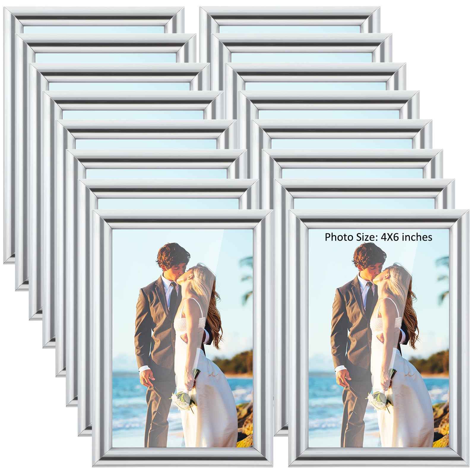 Cadres photo argentés 10x15 cm par lot de 16 au design moderne en résine