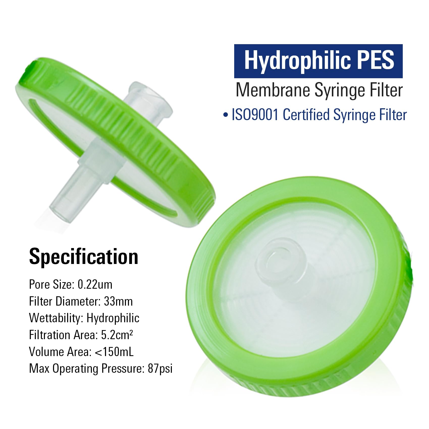 PEKYBIO Filtro de jeringa estéril PES filtrado hidrófilo 0,22 μm, tamaño de poro, 33 mm de diámetro de membrana para laboratorio, paquete de 50