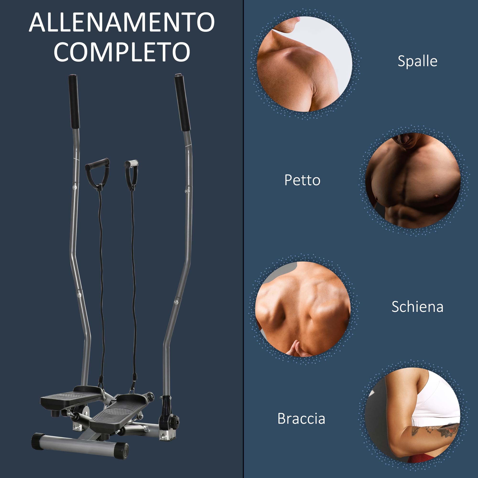 HOMCOM Stepper Fitness Casa con Manubrio e Bande Elastiche, Monitor LCD e Piedini Antiscivoli, Stepper in Acciaio e ABS, per Allenamento a Casa e Palestra, 54x40x135 cm, Argento e Nero