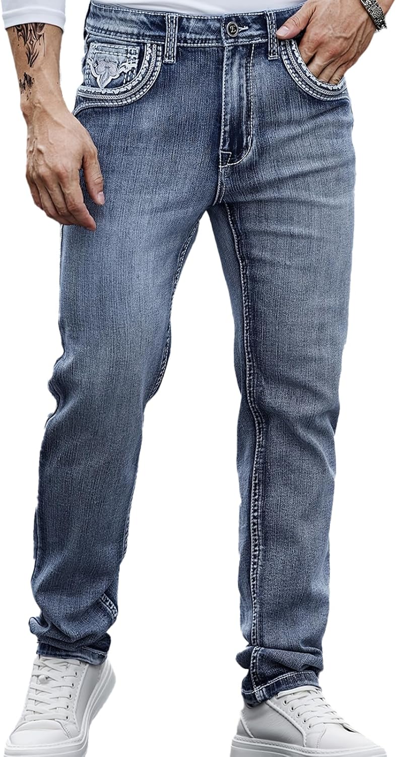 Men's Embroidered Relaxed Fit Jeans with Comfort Flex Waist Stretch Denim Casual Jeans Unique Design Classic Fit for Men