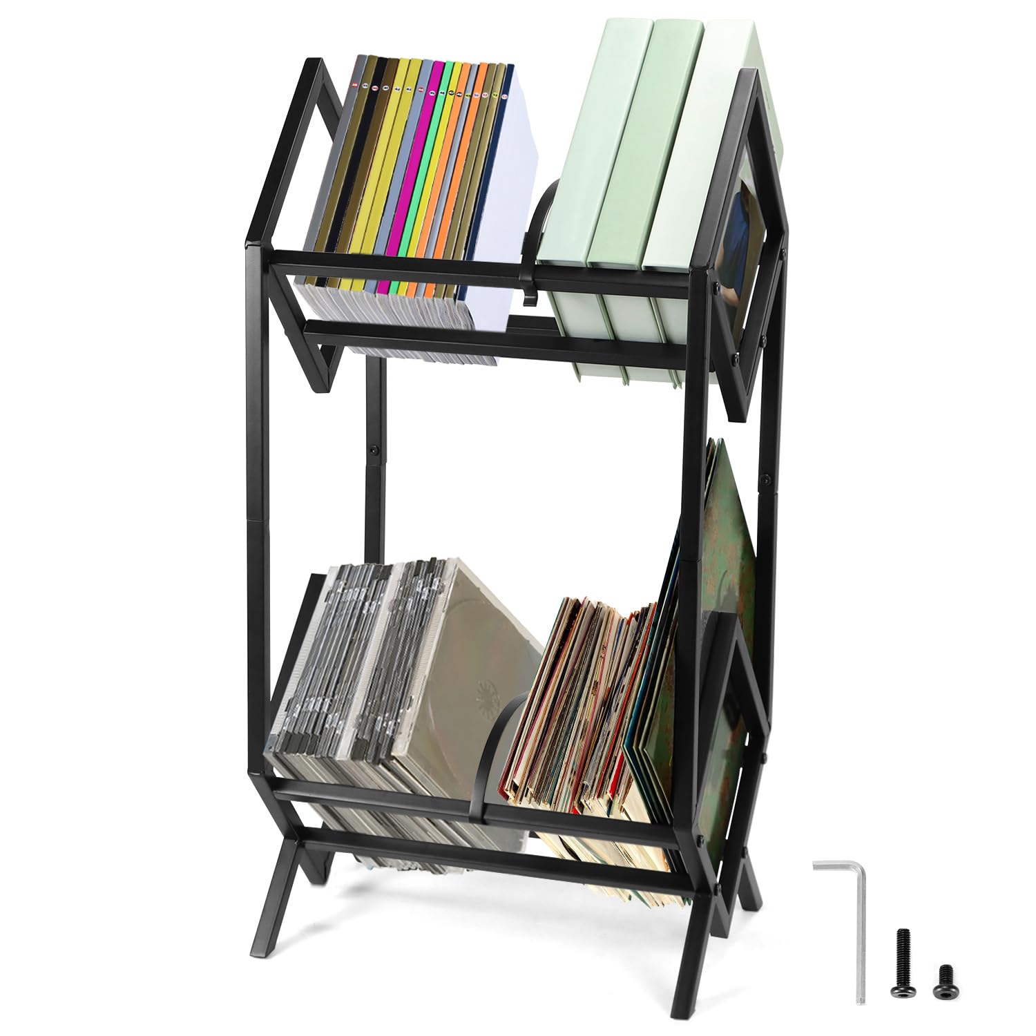 QWORK Record Holder, Matte Black Metal Vinyl Storage Rack, Holds 160-200 LPs, with Support Bar for Enhanced Stability