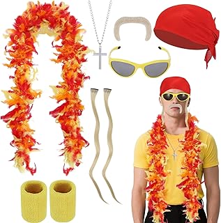 7 PCS Halloween Wrestler Hogan Costume Kit Includes Wig, Yellow Red Feather Boa, Fake Mustache, Red Bandana & Bracers for Women Men Halloween Cosplay Party Dress Up, Wresting Themed Role Play
