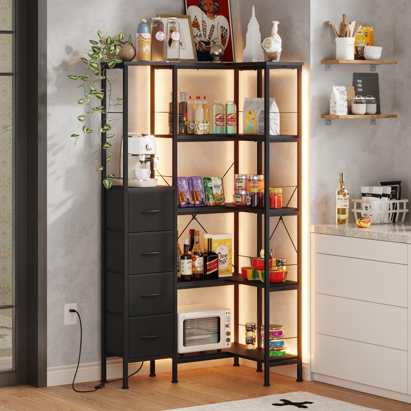 Estanteria Esquina con Iluminación LED, Estanterias Almacenaje de 5 Niveles con 4 Cajones de Tela, Estanteria Libros, Estanteria para Sala de Estar, Dormitorio, Oficina, Negro