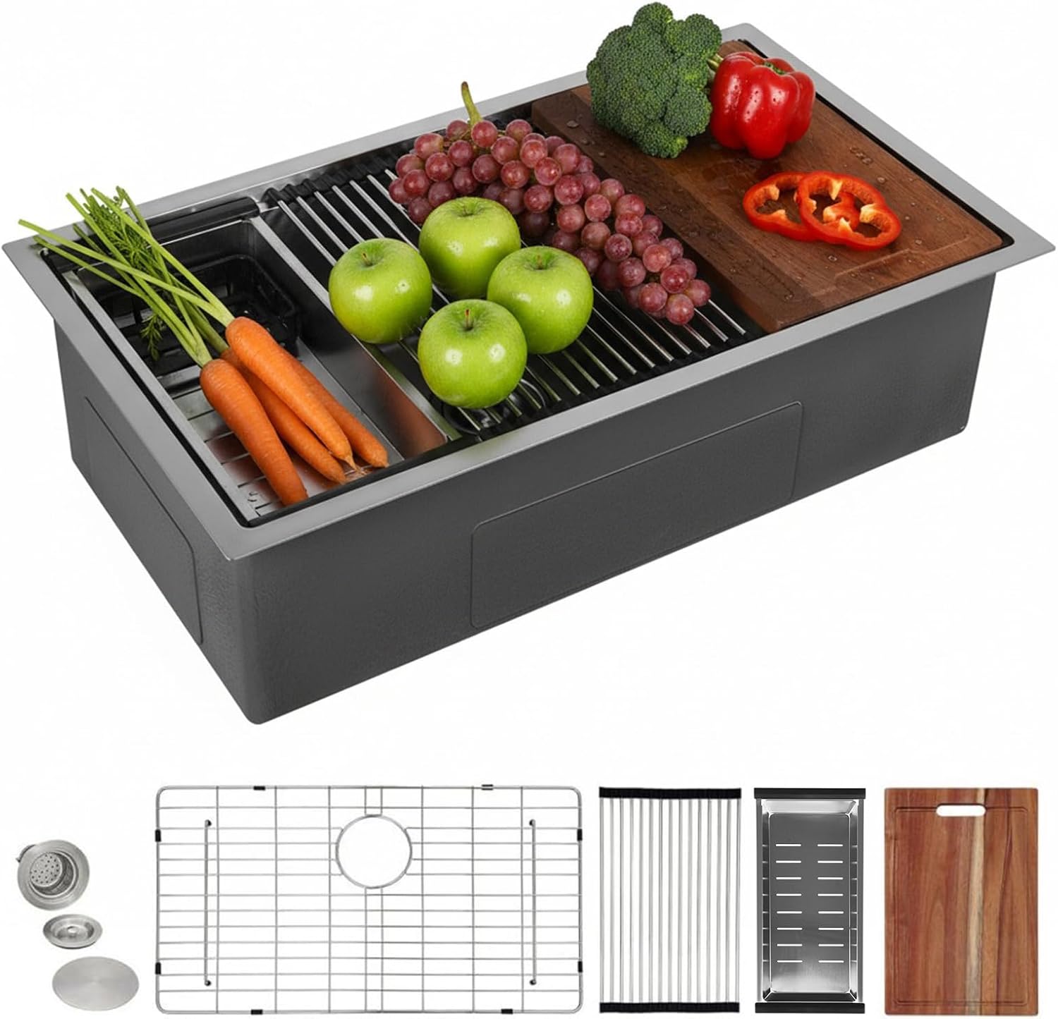 Generic 33 Inch Undermount Kitchen Sink with Bottom Grid Basket Strainer Stainless Steel Single Topmount Bowl 16 Gauge Fast Drain for Farm Prep Kitchen Garage and Bar Sink
