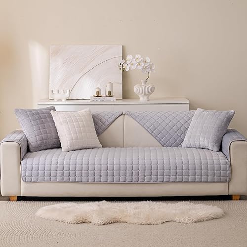 Miniatura 2 de Funda de sofá de franela mullida para perros, lavable y antideslizante, funda de sofá modular para mascotas para sofá de 3 cojines, respaldo y
