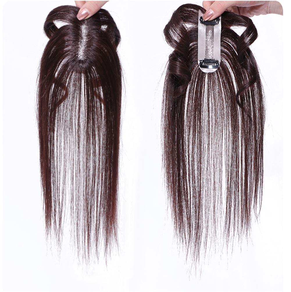 Real Human Hair Hairline Topper Hairpieces with Wavy Bangs, 1.2"x3" Hand Made Mono Middle Part Clip in Bangs for Women, 10" Dark Brown