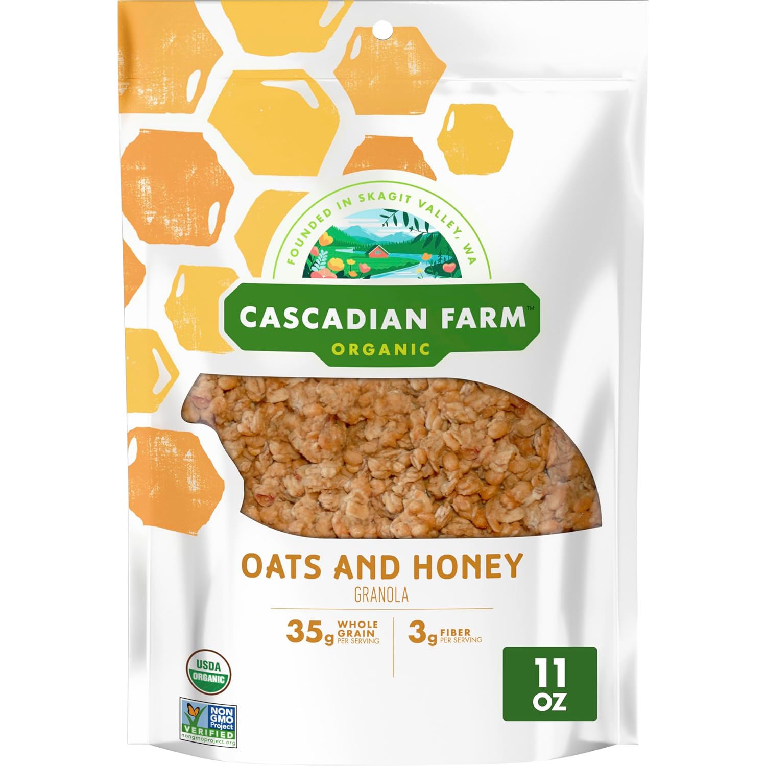 Cascadian Farm Organic Oats and Honey Granola, 11 oz Resealable Pouch - USDA Organic, Non-GMO Whole Grain Cereal Snack