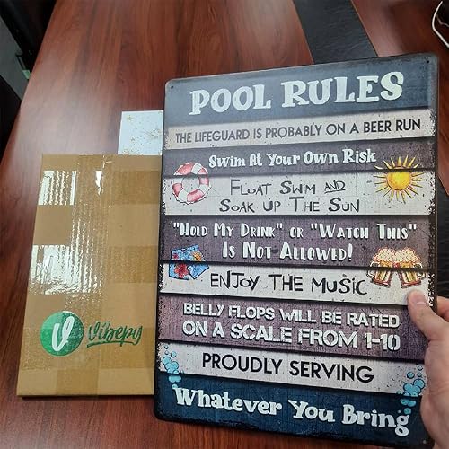 Miniatura 4 de V Vibepy Letrero de metal con texto en inglés All Over Print, Pool Rules de 12 x 16 pulgadas, letrero de metal divertido con reglas, decoración de