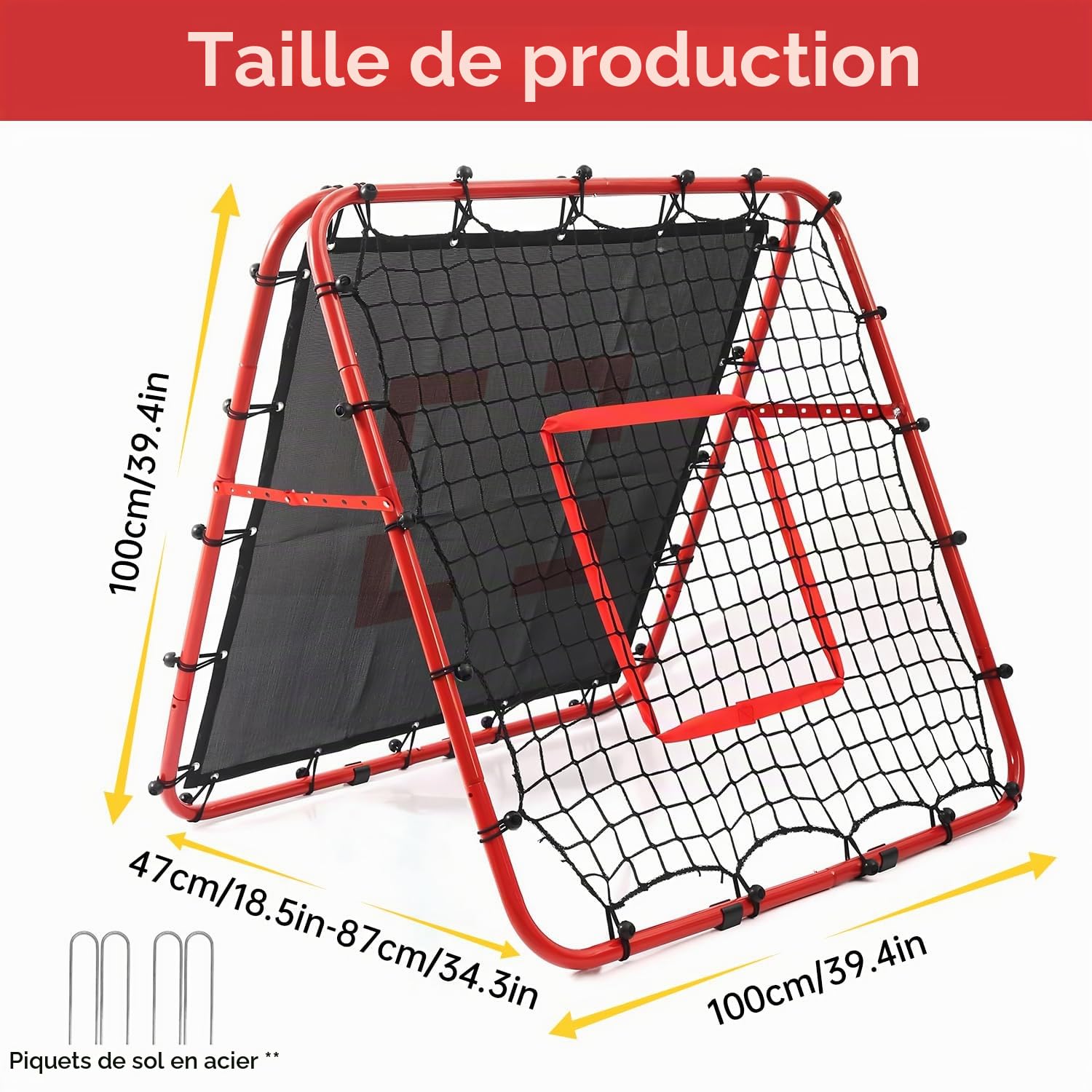 Filet de Rebond Double Face - Angle réglable sur 5 Niveaux Filet de Rebond avec Cible de Kickback pour Enfants But de Football Portable pour Jardin extérieur 100x100 cm Rouge Filet de Rebond Football