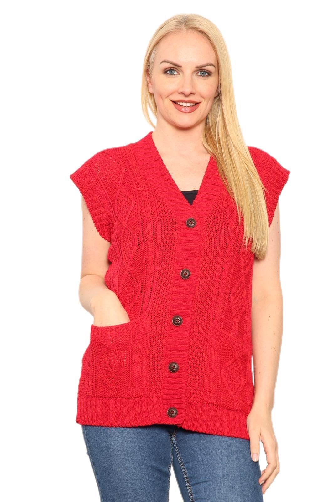 WearAll Womens Sleeveless Cable Knitted Grandad Cardigan Ladies 5 Button Casual Winter Sweater Waistcoat Top Plus Red 20-22