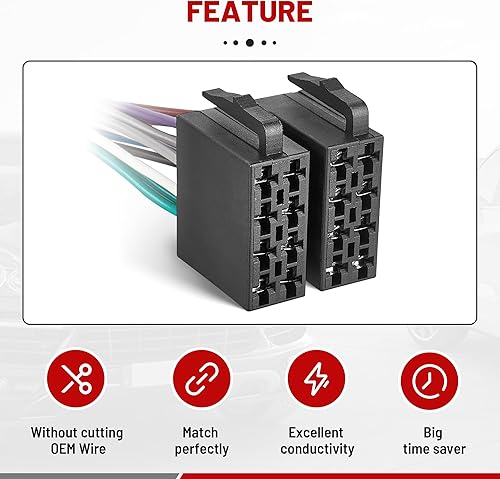 Miniatura 3 de RED WOLF Adaptador hembra de arnés de cable ISO estéreo de radio para Volkswagen 1996-2002, Audi 1998-2005, Mercedes-Benz, Porsche Select
