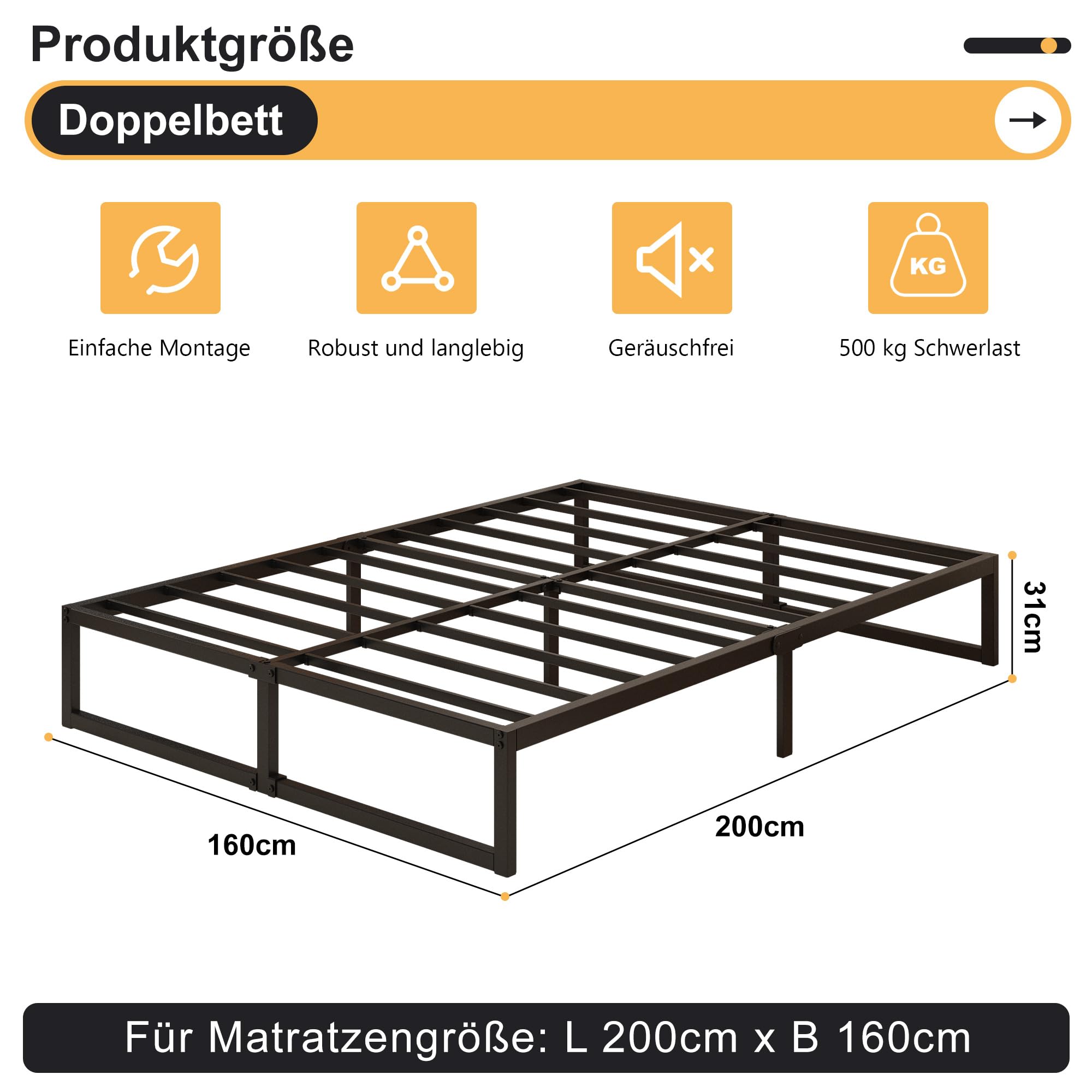Yicensen Metallbett 160x200 cm Metallbettgestell Doppelbett mit Stahllattenstütze, Einfach zu Montieren, Geräuschlos, Kein Boxspringbett Erforderlich, 30cm Hoch, Schwarz