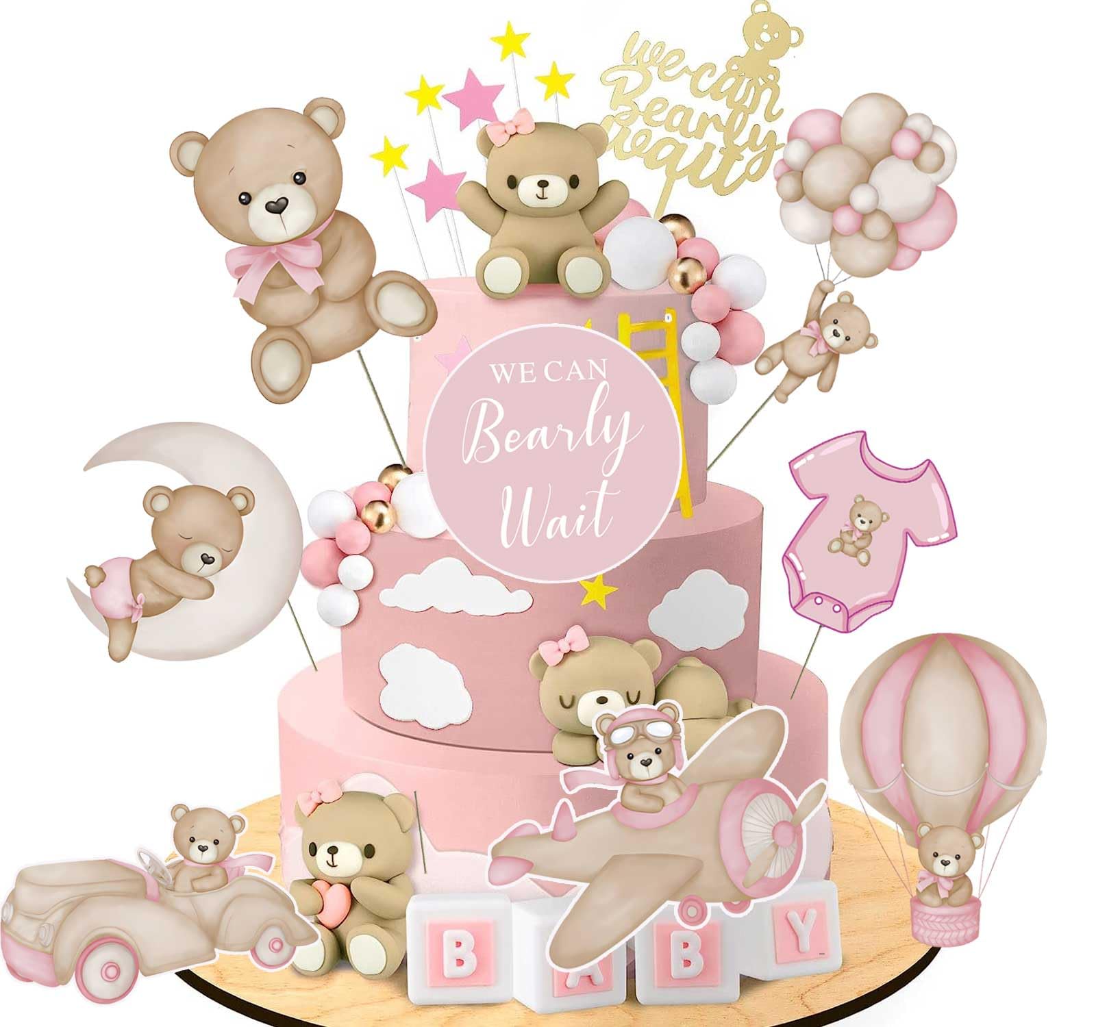 Zliisang 16Pcs Pink We Can Bearly Wait Baby Shower Centerpieces Cake Decorations Bear Birthday Party Decorations for Girl Cake Toppers