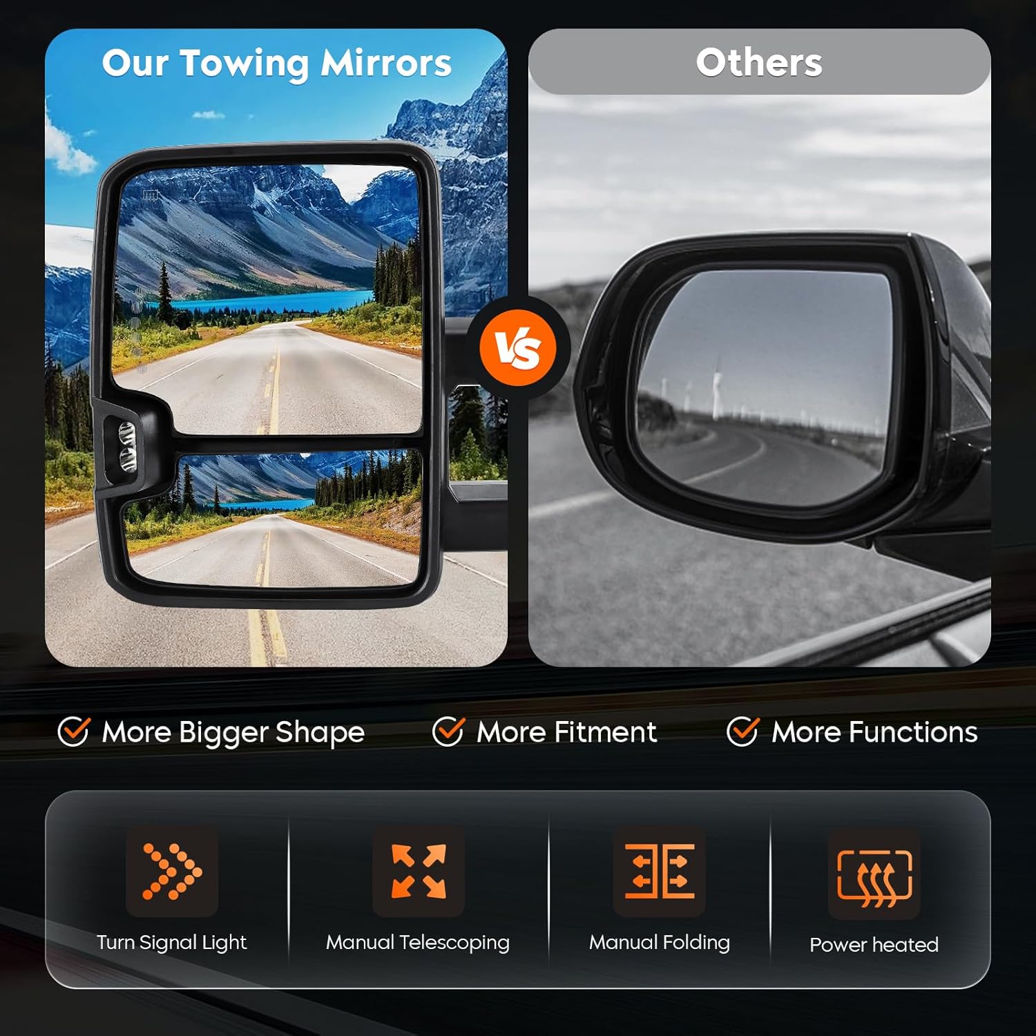 Youxmoto Towing Mirrors fit for 2007-2013 for Chevy for GMC; Silverado Sierra 1500/ 2500HD/ 3500; Suburban/Avalanche/Yukon Pickup Truck Mirrors, Heated, Manual Folding& Telescoping; Black