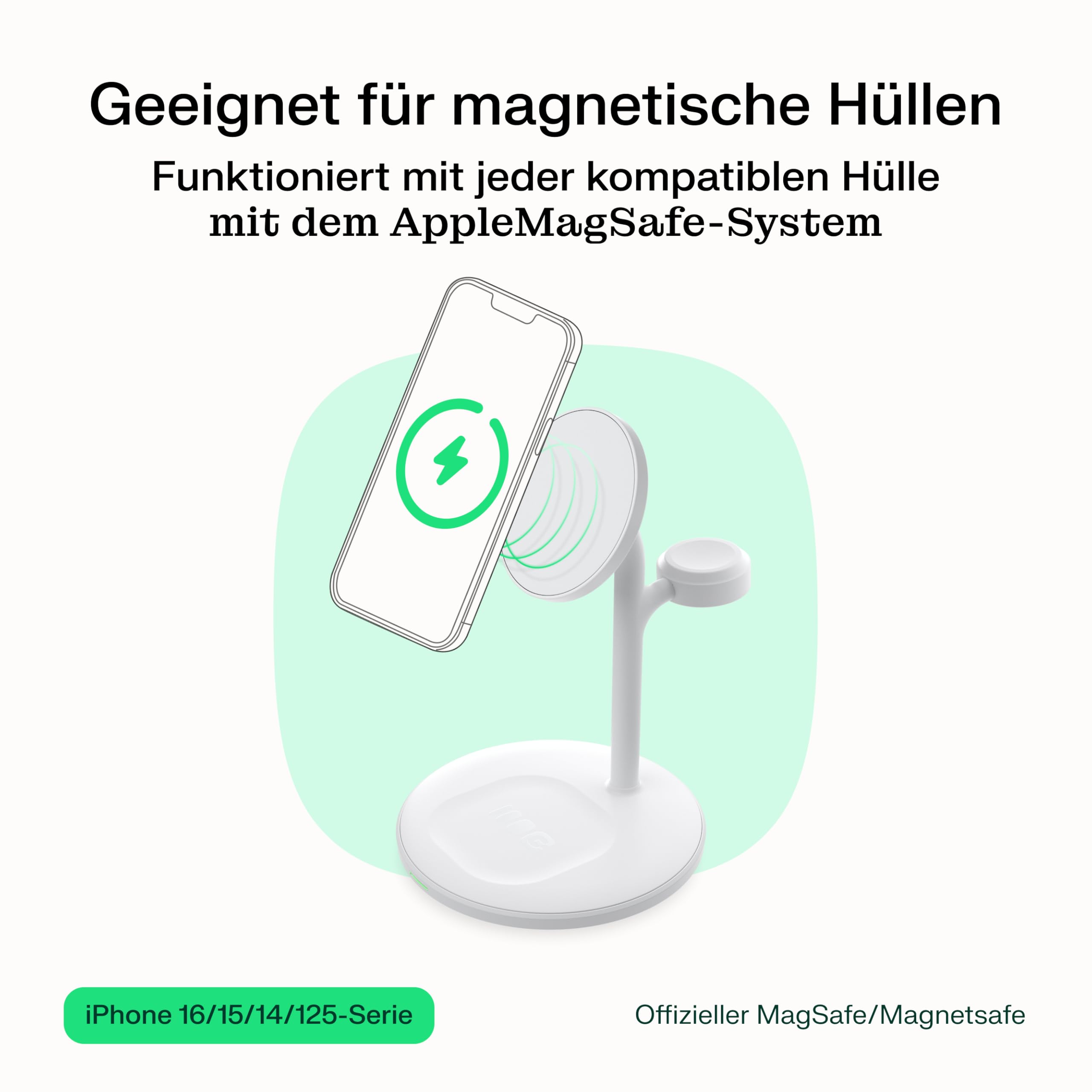 Greencell MagScape MagSafe 3 w 1 MagSafe ładowarka do iPhone 16/15/14/13, Apple Watch, AirPods – indukcyjna stacja ładująca kompatybilna z etui, szybkie ładowanie do 15 W (biała)