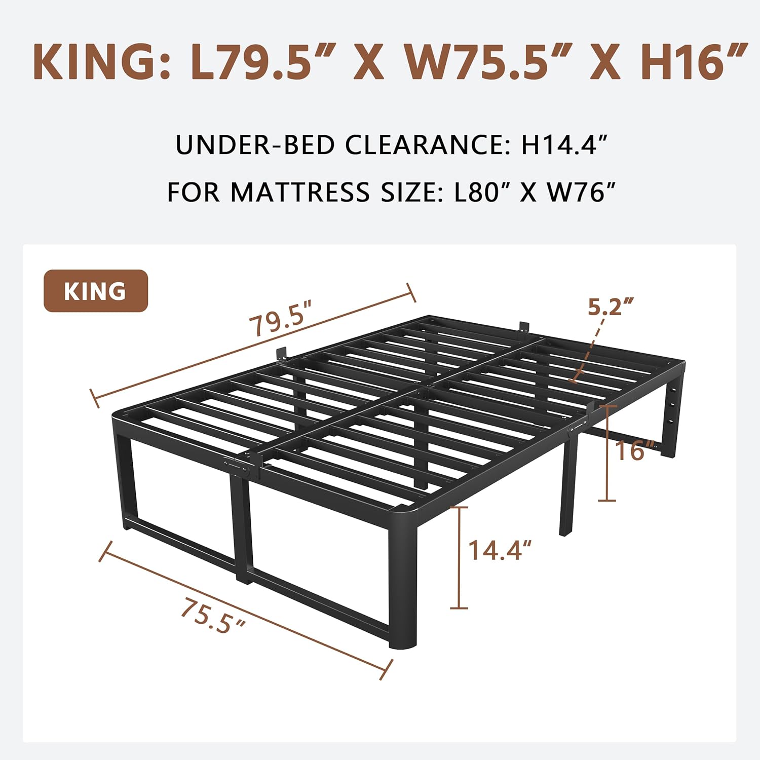 ZTH King Size Bed Frames 16 Inch, Metal King Bed Frame No Box Spring Needed, Heavy Duty Steel Support, Storage Space, Headboard Compatible, Easy Assembly, Noiseless, Rounded Legs, Black