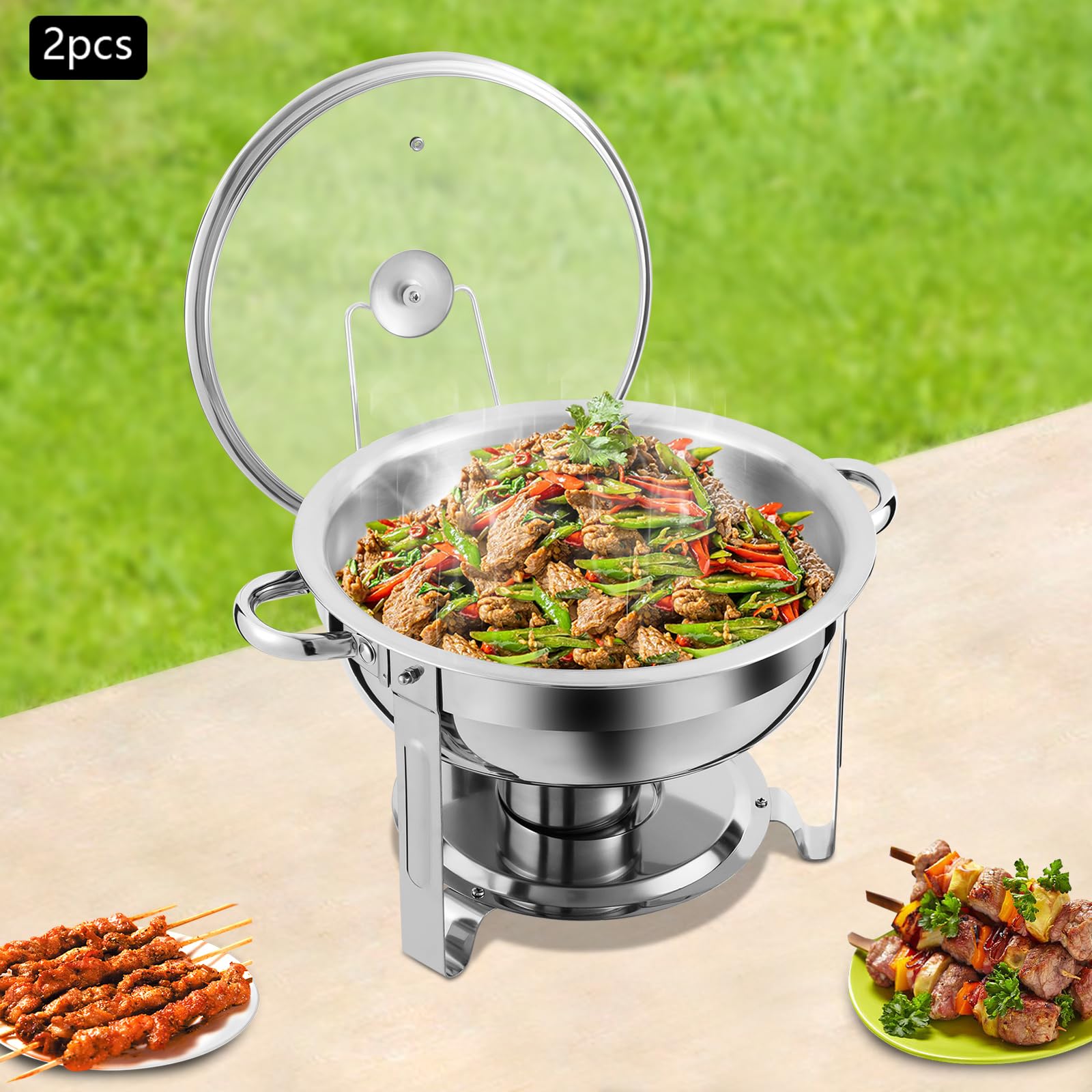 Set di 2 contenitori rotondi da 4,5 l, scaldavivande con coperchio in vetro, scalda buffet, piatti da servizio in acciaio inox, spessi per catering, matrimoni, picnic, buffet
