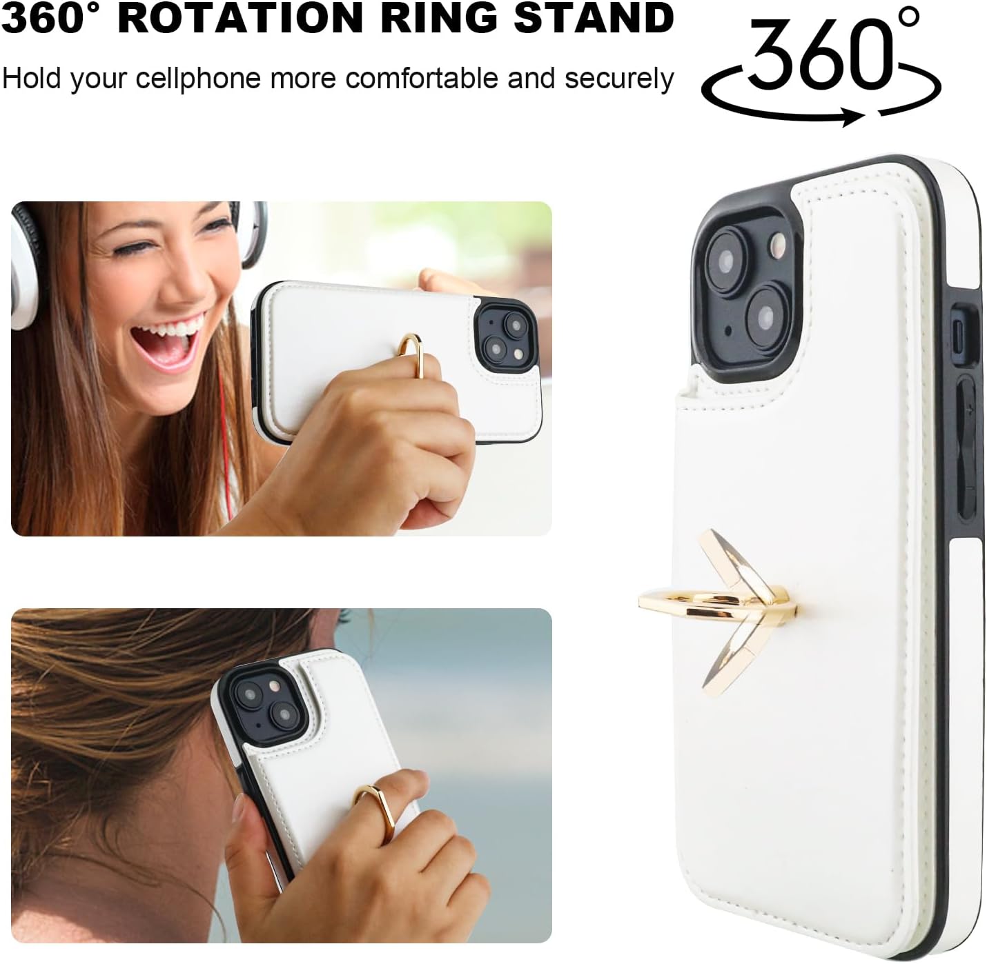 ONETOP for iPhone 15 Wallet Case with Card Holder, 360° Rotation Ring Kickstand RFID Blocking PU Leather Double Magnetic Clasp Shockproof Cover for Women and Girls 6.1 Inch (White) - Image 5