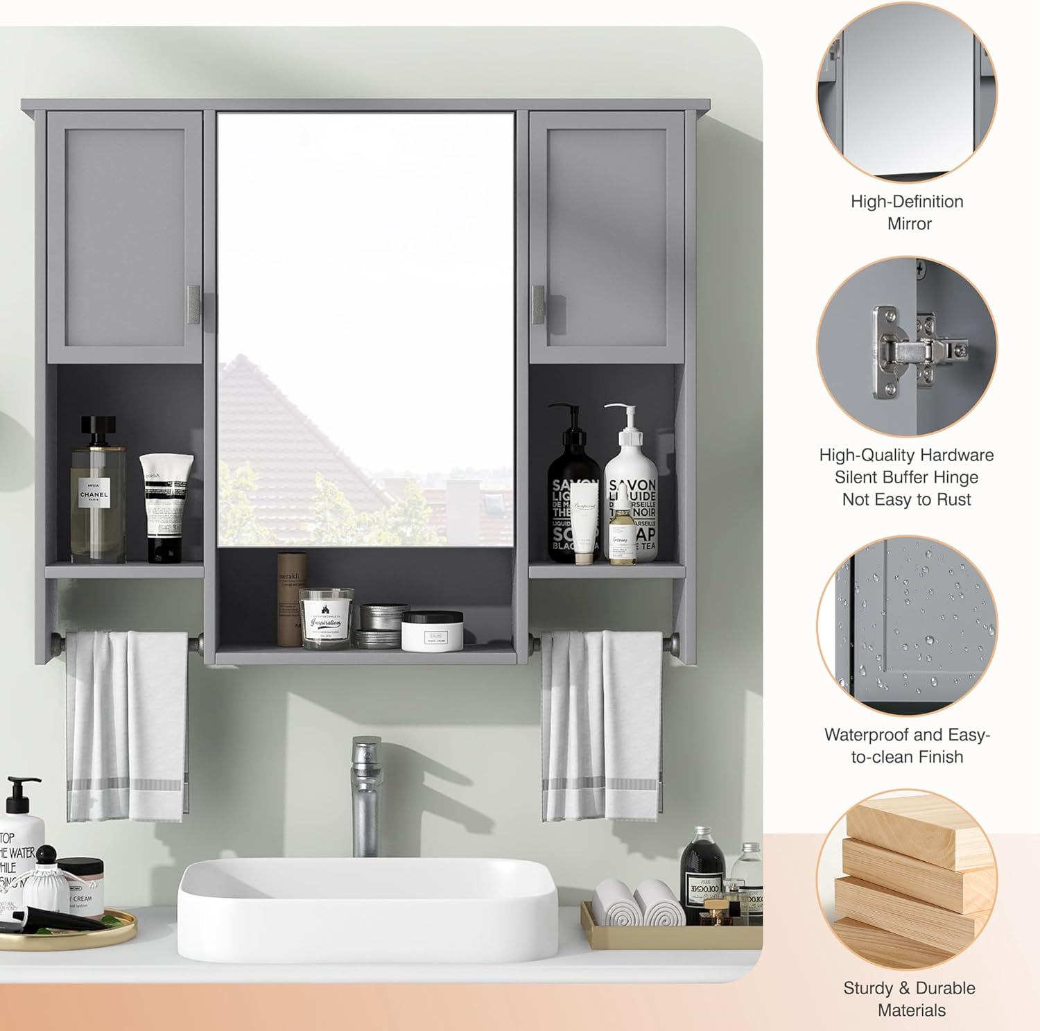 Linique Medicine Cabinet with Mirror, Shelves, 2 Towel Bars, Modern Wall-Mounted Bathroom Storage Cabinet with 3 Doors, Grey