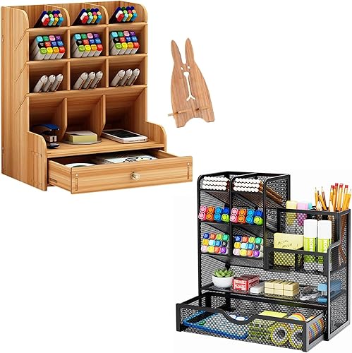 Marbrasse Organizador de escritorio de madera + soporte de malla para bolígrafos con cajón