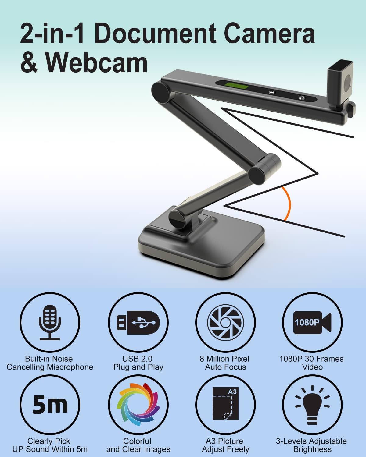 VIZOLINK 8MP Document Camera & Webcam with Noise-Canceling Microphone, A3-Size Capture, Auto Focus, 3-Levels Adjustable Brightness, for Live Demo, Home Office, Remote Teaching : Office Products