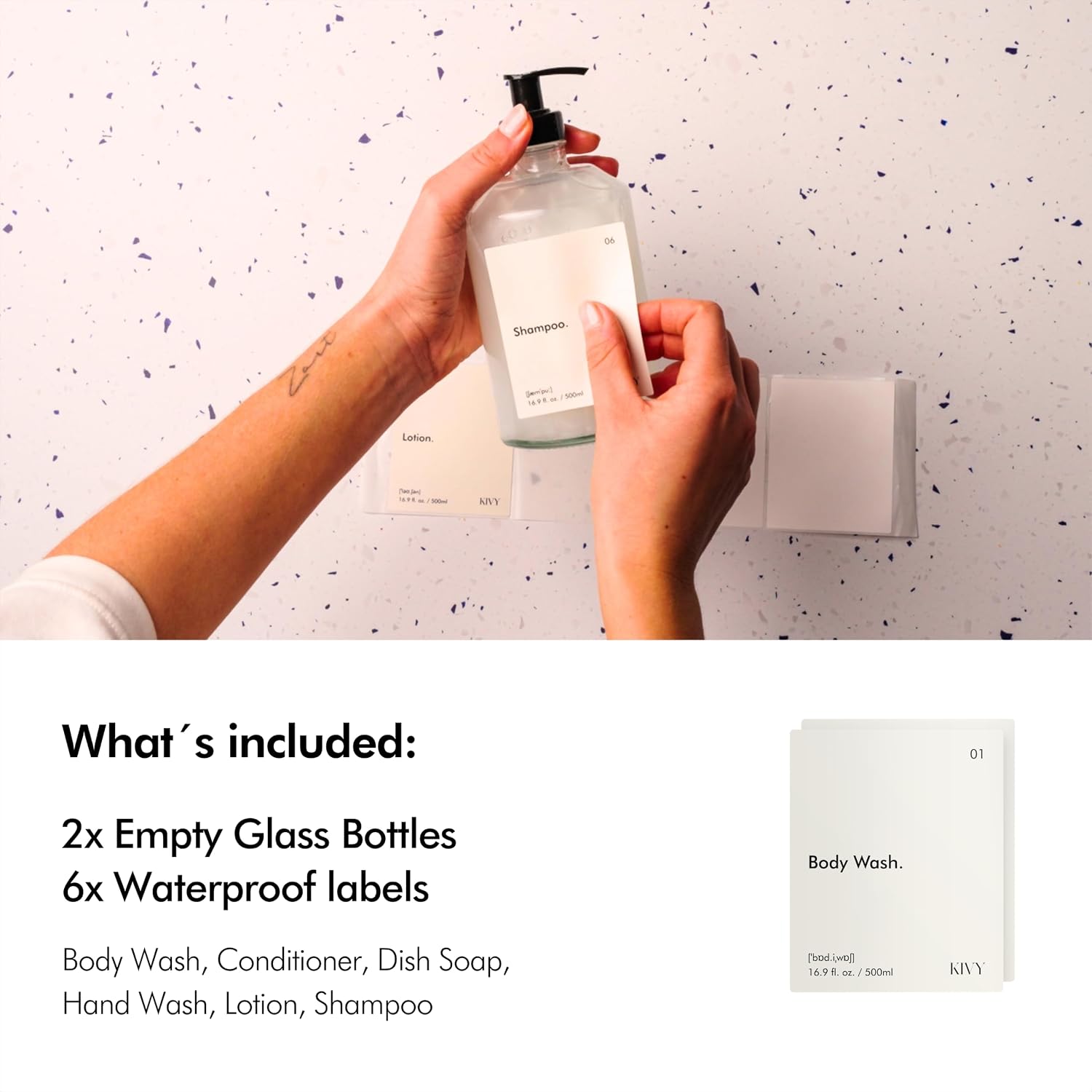 KIVY Glass Soap Dispenser Set 2X 16oz - incl. Waterproof Labels - with Pump