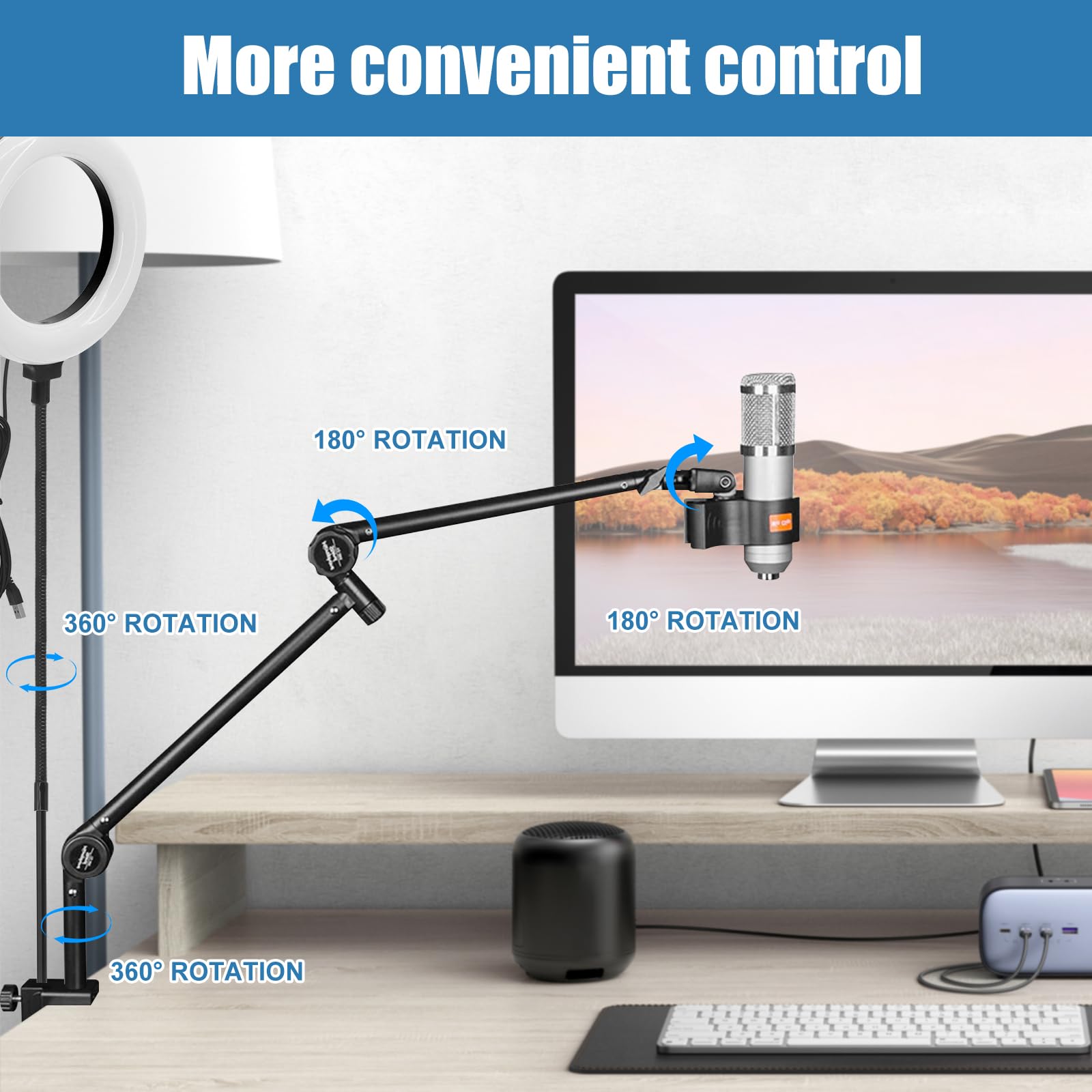 Beowanzk Professional Microphone Stand with 16cm Ring Light and 360° Rotatable Arm, Black - Image 4