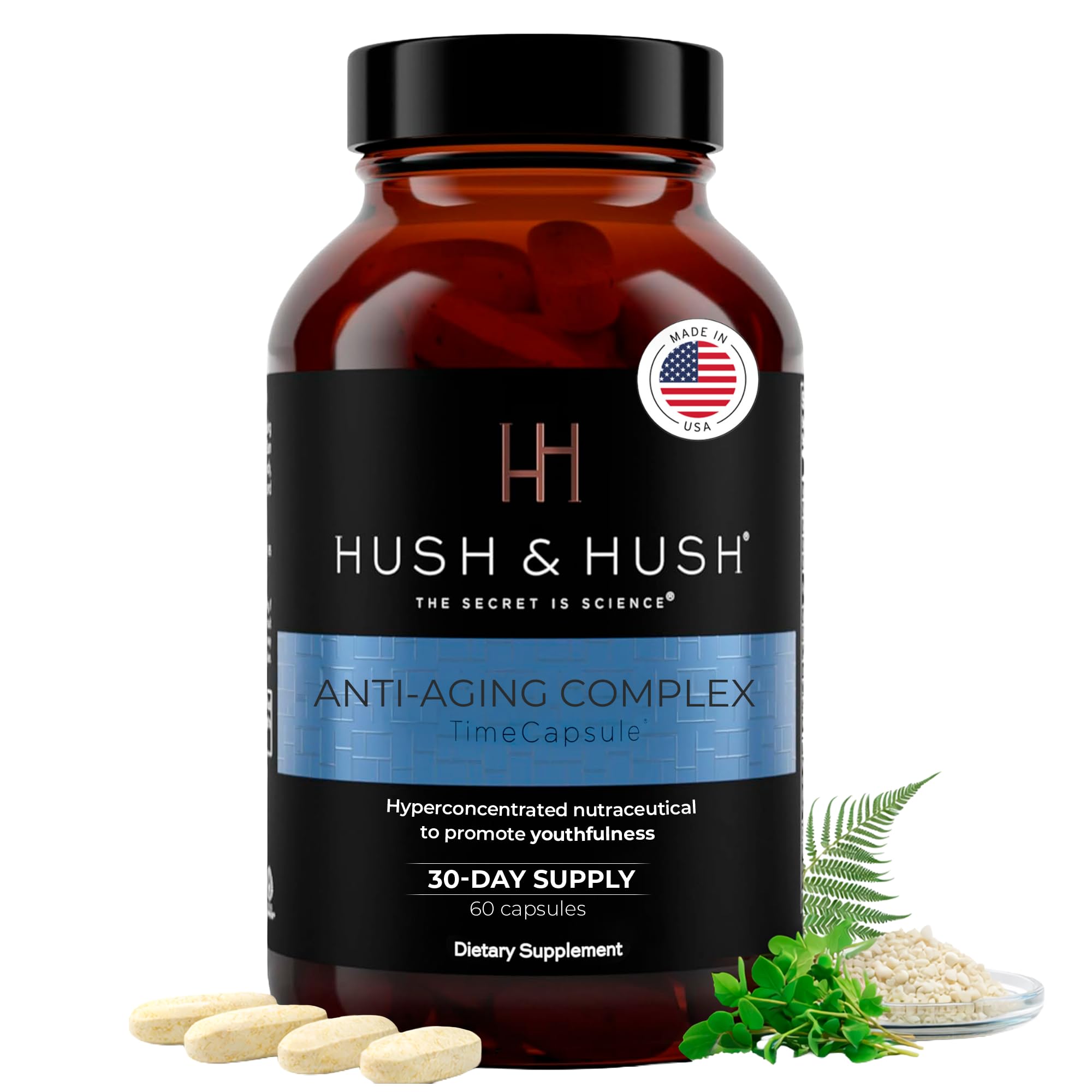 Hush & Hush Anti-Aging Multivitamin for Women – Clinically Proven with Marine Collagen, Hyaluronic Acid, Vitamin C, B12, Zinc & Polypodium Leucotomos – Skin Glow, Antioxidants – 60 Tablets