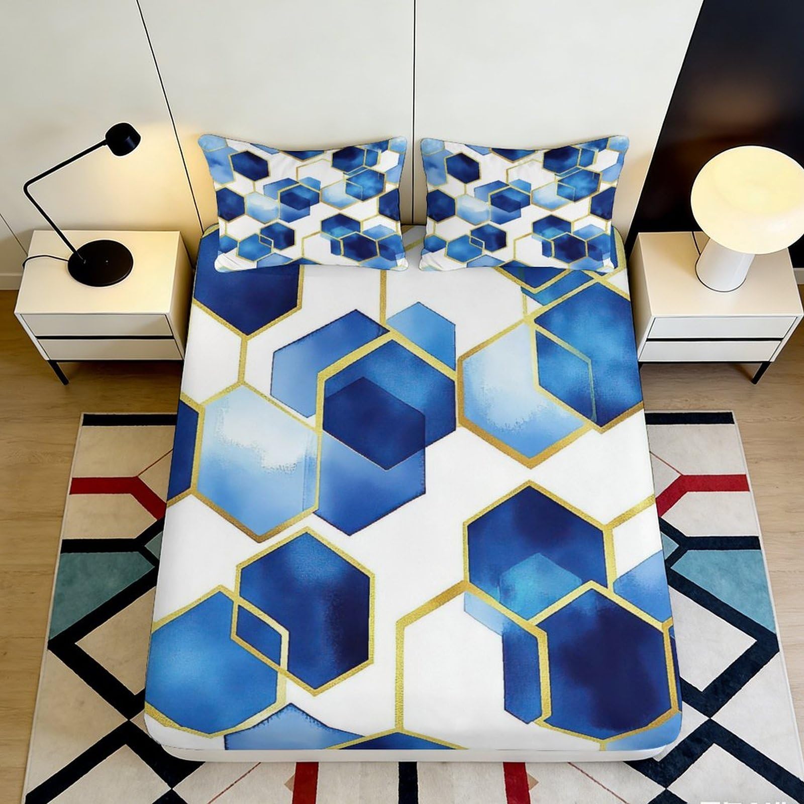 3D Printed Blue Hexagon Fitted Sheet Microfiber Soft Breathable Geometric Bed Cover for Bedroom Dormitory Guest Room Mattress Protection Decor 160x200x25cm