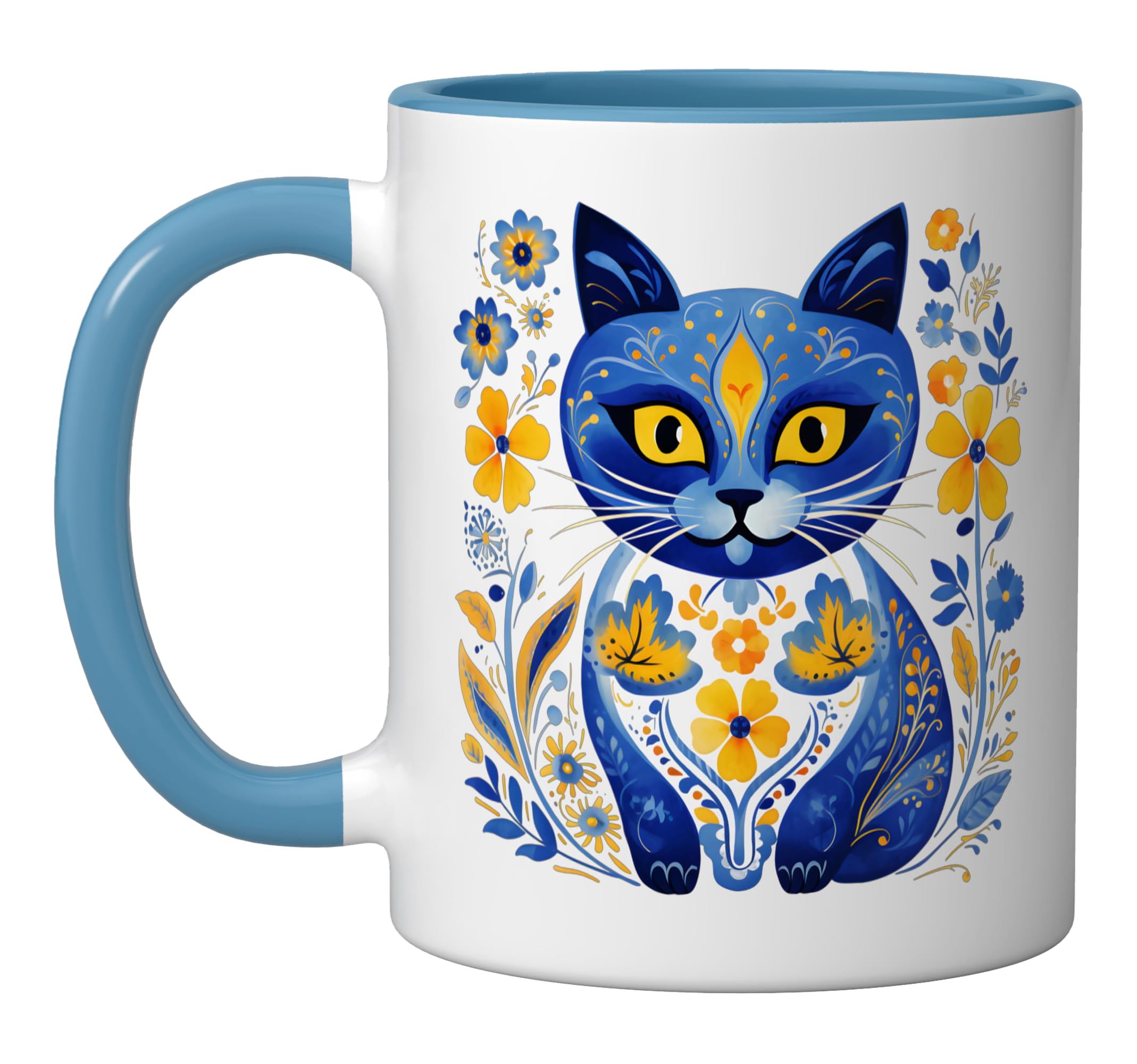 Ukraine Cat Floral Vintage Ukrainian Flag Vyshyvanka Style Ceramic Mug, Blue/White