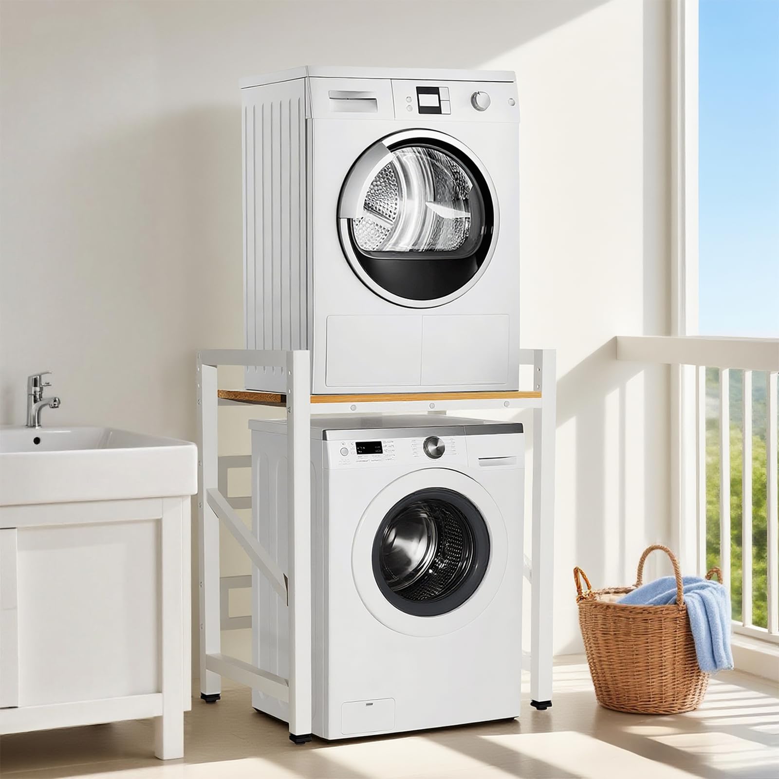Meuble machine à Laver et seche linge, 3 Hauteurs Réglables, Superposition Lave Linge Seche Linge, Capacité Charge 300kg pour Buanderie Salon Salle De Bain Cuisine Balcon (Blanc)