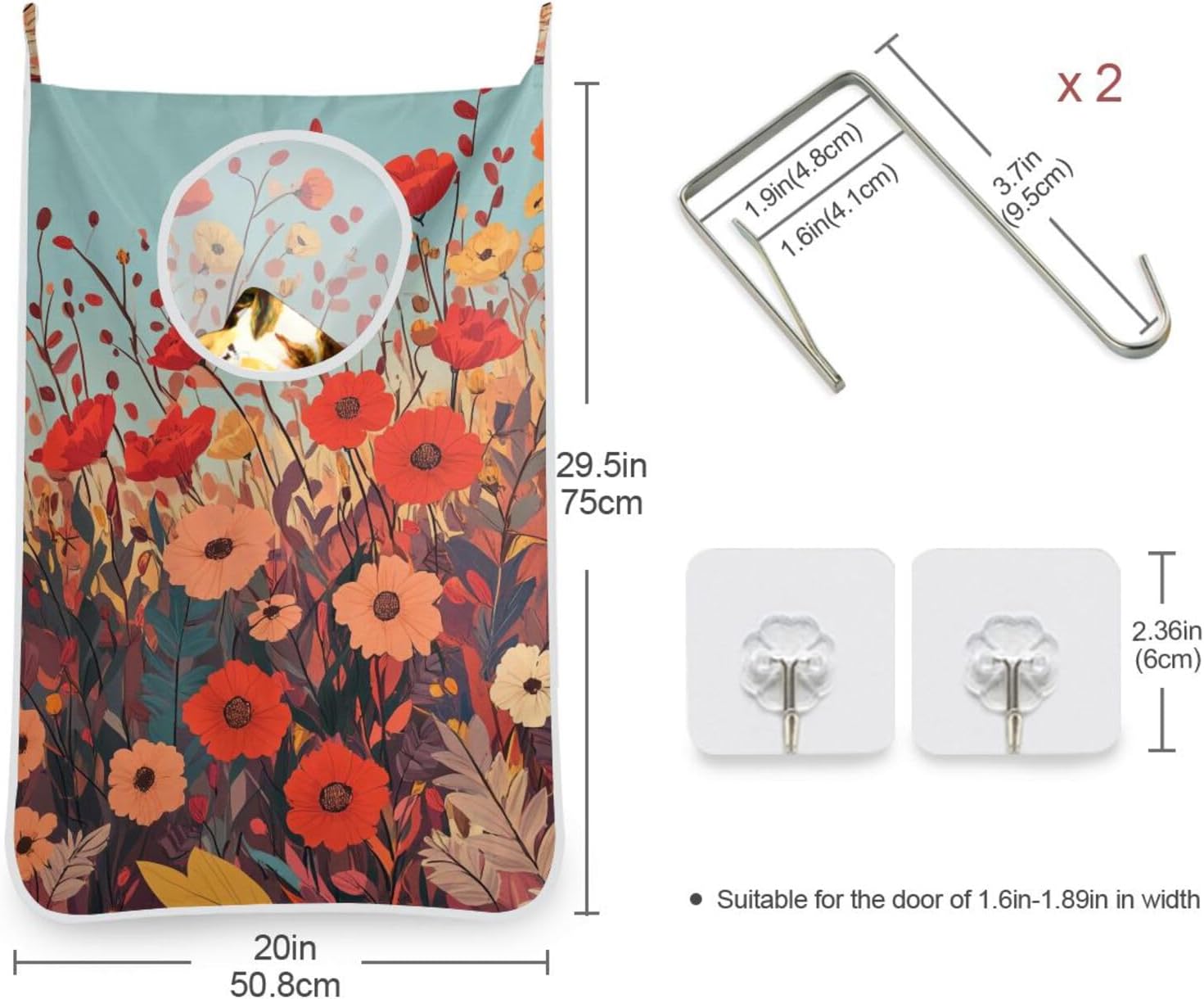 Hanging Laundry Hamper Over the Door Laundry Basket with Stainless Steel Hooks for Dirty Clothes 29.5x20Inch 2PCS Autumn Poppy Flowers