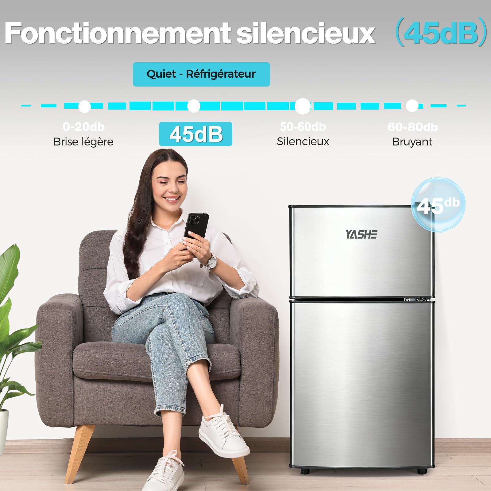 YASHE Mini réfrigérateur 86 L avec congélateur, double porte, thermostat réglable 7 niveaux