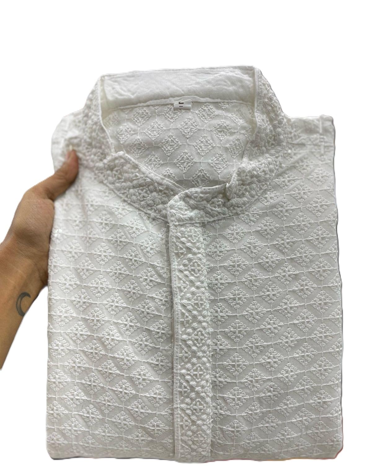 Estationeryhouse Kurta-Pyjama für Herren mit gerader Passform aus Baumwolle (Rayon), schwere Stickerei vorne und hinten (mit weißem Schlafanzug)