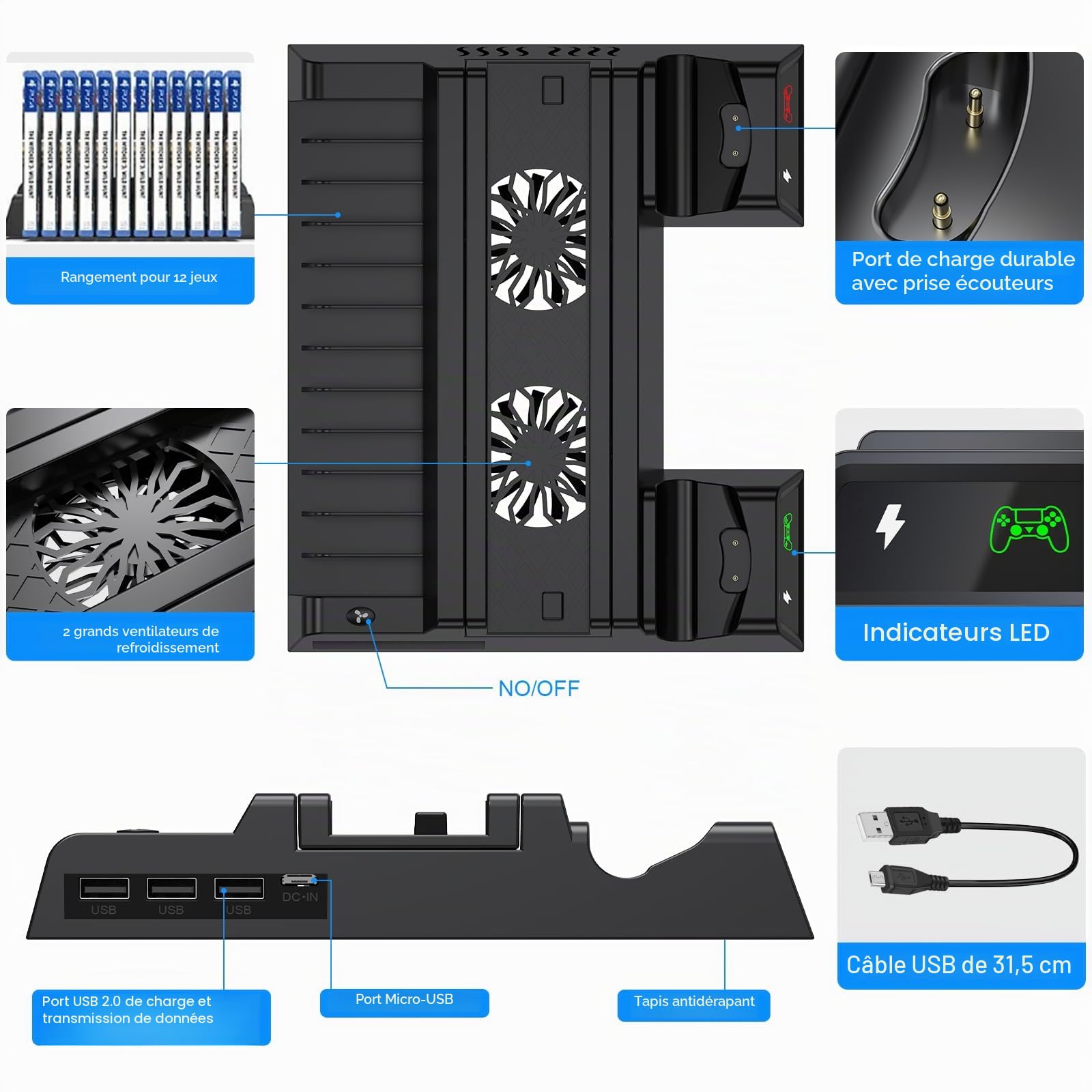 ASUNCELL Support Vertical PS4 avec Ventilateur et Station de Charge pour Playstation 4/Pro/Slim - Refroidisseur et Contrôleur avec 12 Jeux de Rangement