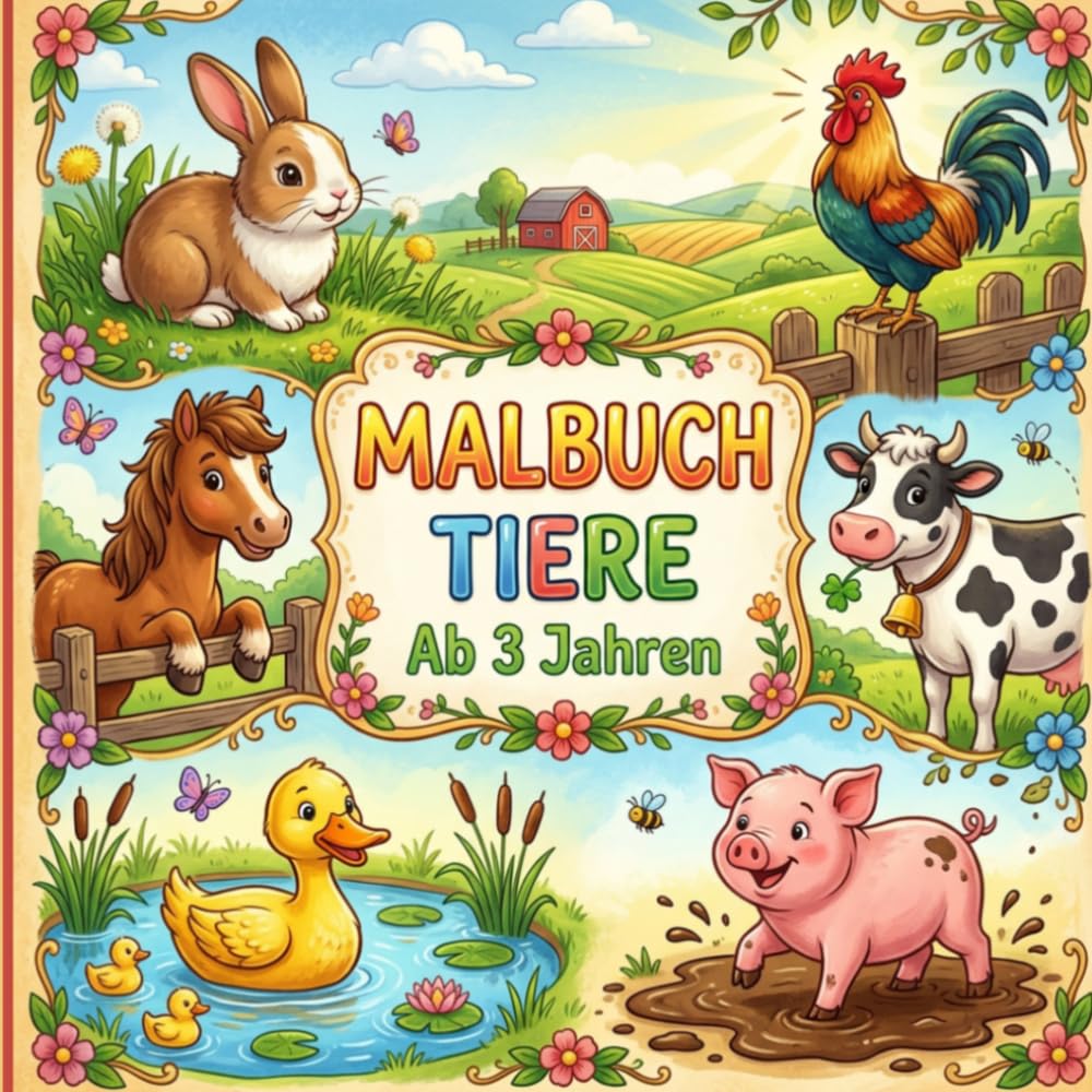 Malbuch Tiere ab 3 Jahren: 40 süße Ausmalbilder mit dicken Linien für Jungen und Mädchen
