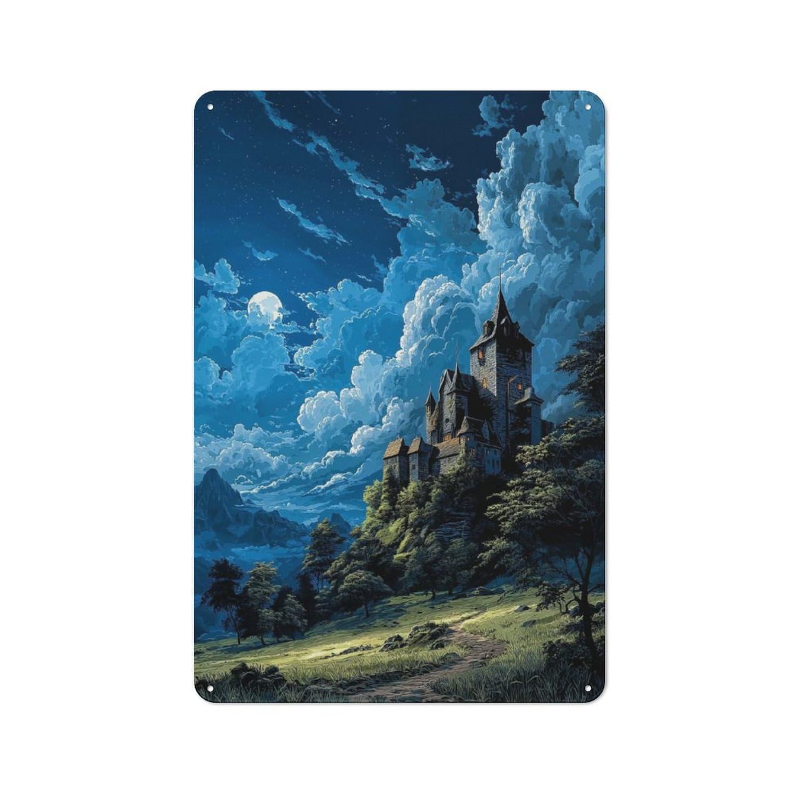 Junmoney Style-8 Anime Castle Under Moonlight Cottage Style Metal Wall Decor 30X20cm, Farmhouse Metal Sign For Kitchen, Cottage, Porch Or Garden Room