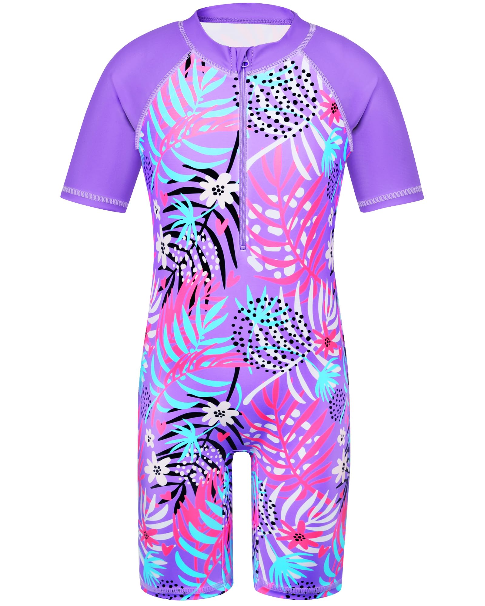 TFJH E Short Sleeve Girls Swimsuits UV 50+ One Pieces Bathing Suits Zipper 2-14Y
