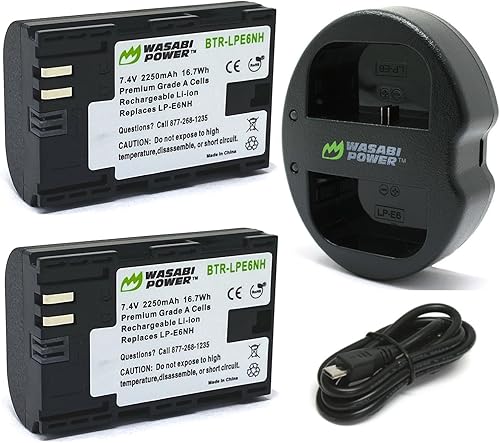 Wasabi Power Batería LP-E6NH (paquete de 2) y cargador USB dual para Canon EOS 5D Mark II/III/IV, 5DS, 5DS R, 6D, 6D Mark II, 7D, 7D Mark II, 70D,
