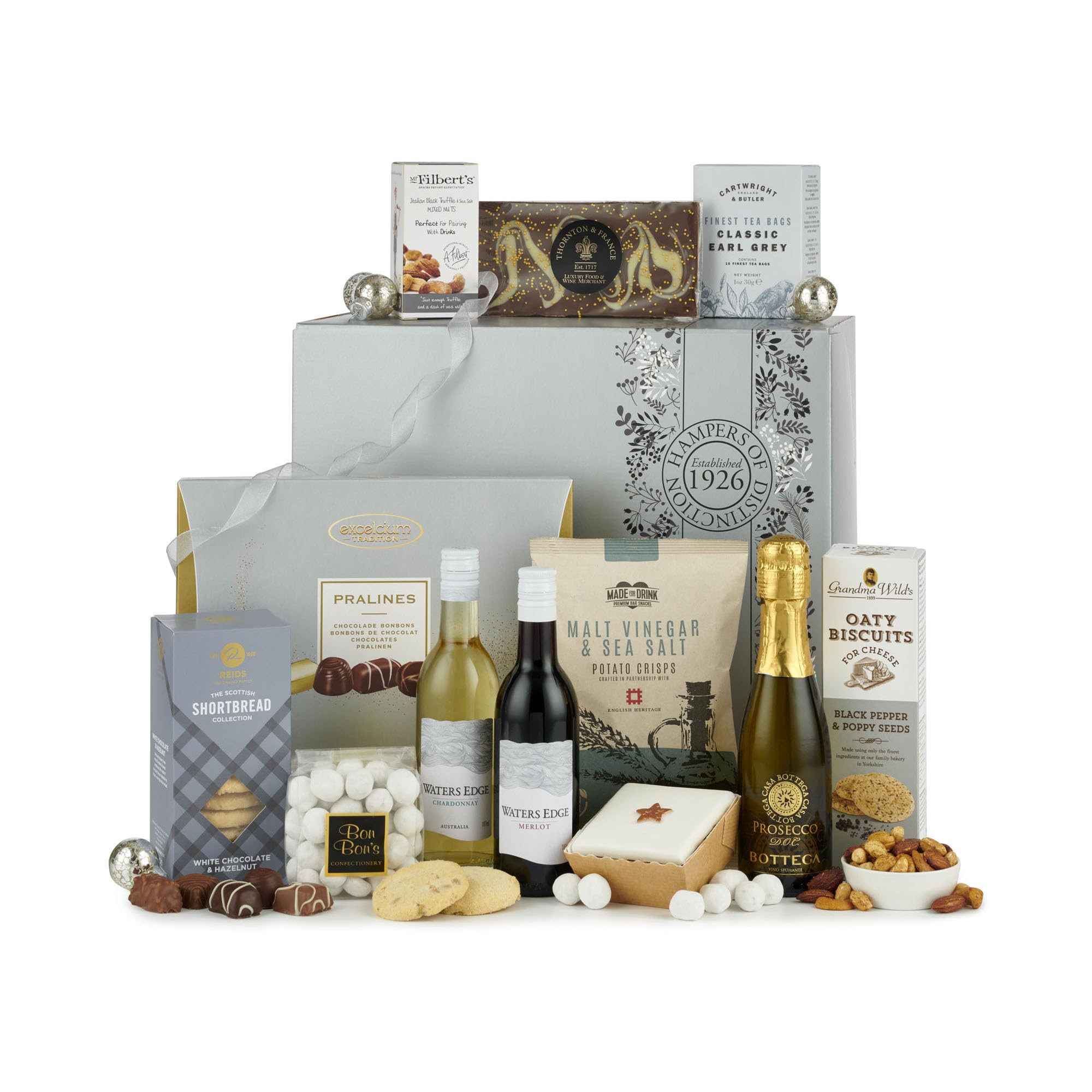 Thornton & France Silver Indulgence Christmas Hamper | With Prosecco White Wine & Red Wine | Plus A Range Of Sweet & Savoury Treats | Hamper Gift For Sharing | 10 Luxury Items