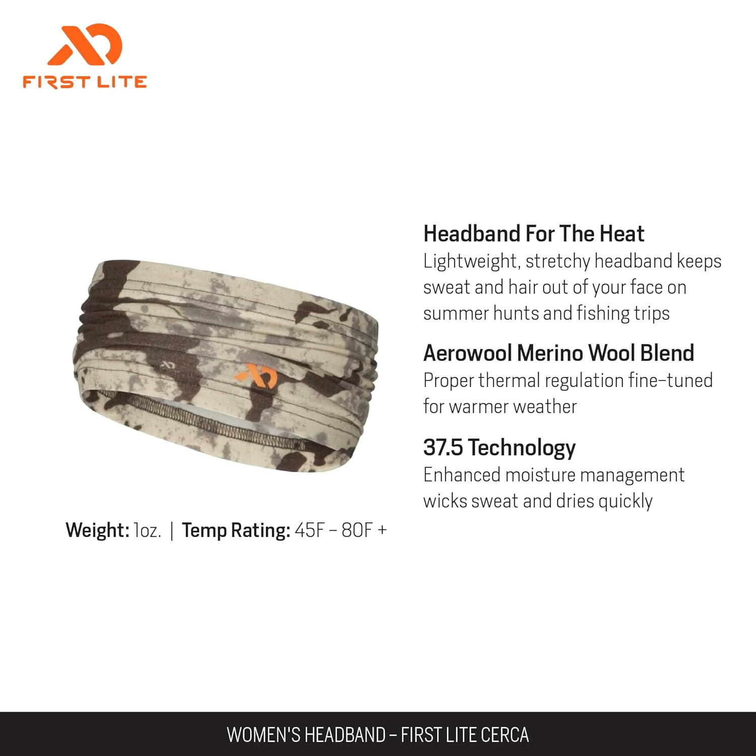 First Lite Headband - Flexible Ultralight Merino Wool Camo Hunting Headband - First Lite Cerca - One Size
