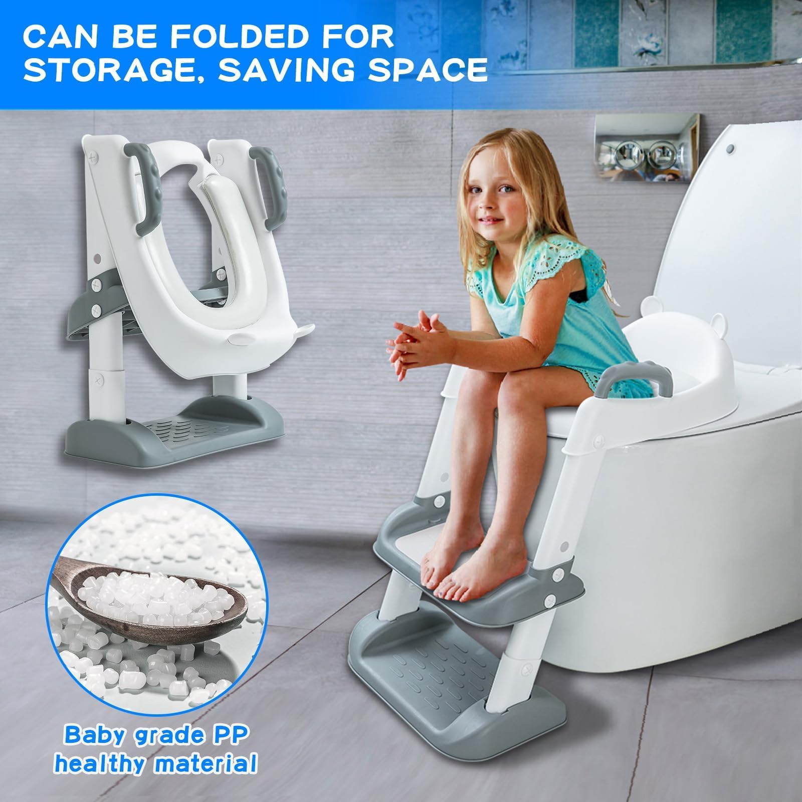 UCAMP Reducteur Toilette Enfant,Réducteur WC avec Marches,Rehausseur Toilette Enfant avec PU-Coussin,Siège de Toilette Enfant Réglable en Hauteur Pliable,éclaboussures et antidérapant,Adaptateur Toile