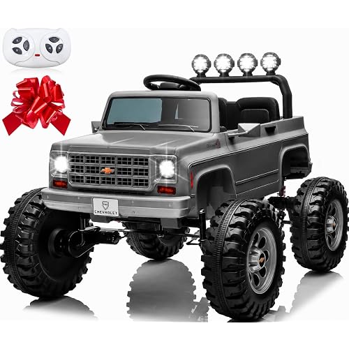 24V Ride on Licensed Chevrolet Monster Truck Car w/4 * 200W Motors(4WD), 24 Volt Ride on Toys Power Big Wheels for Big Kids, Grey